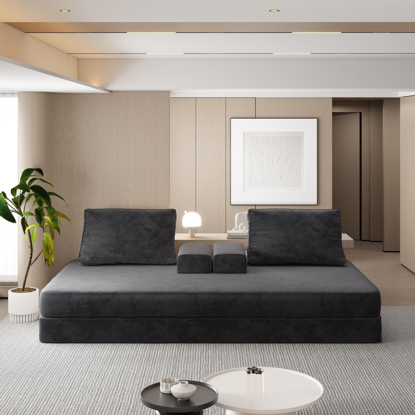 86.6"Multifunctional Convertible Sofa Bed with 2 Removable Backrests and 2 Pillows,Fuffy Chenille Fabric Sofa,Chaise Lounge,Game Pad,DIY Modern Upholstered Couch,Deep Seat Couch for Living Room,Office