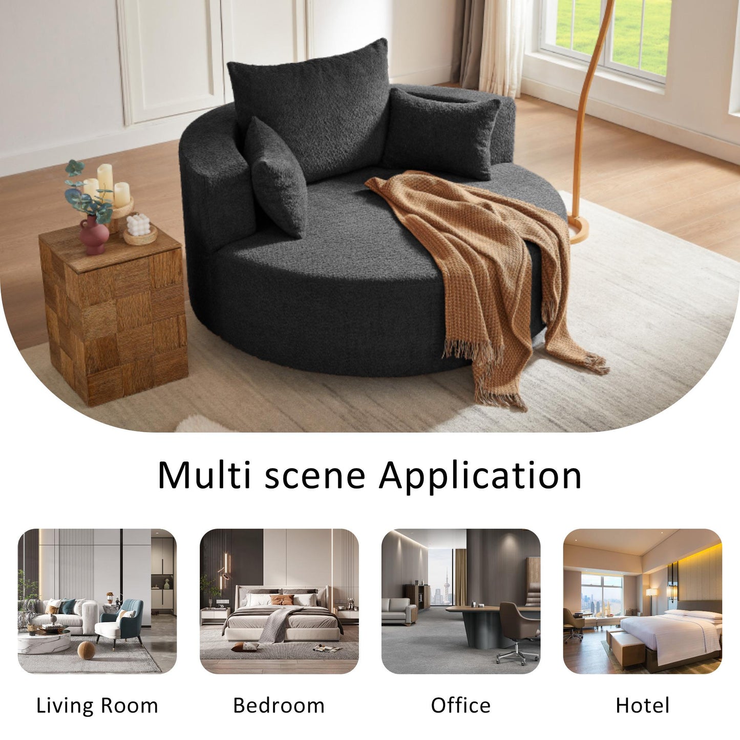 360° Swivel Chair Accent Barrel Chair Swivel Round Sofa Chair with 3 Removable Pillows for Living Room, Bedroom, Office and Hotel, Black