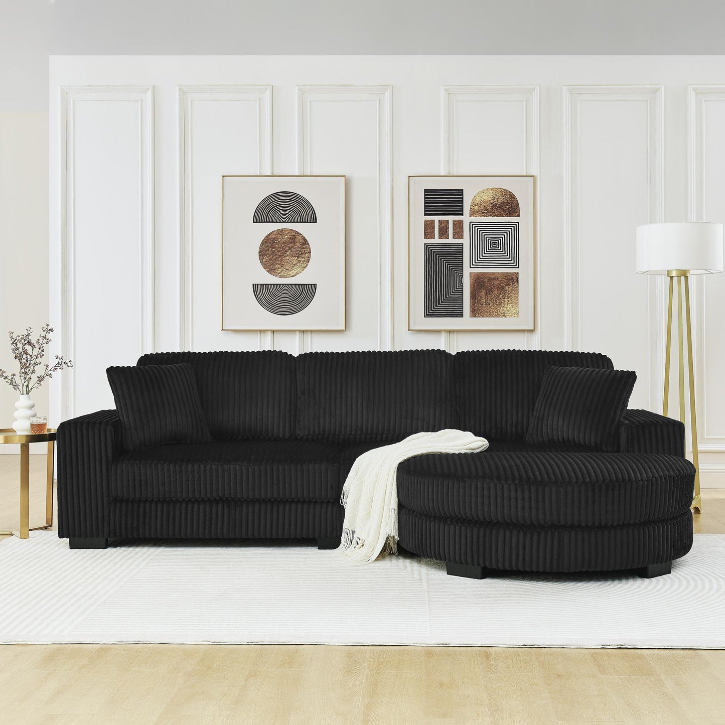 Corduroy Tufted Upholstered Sleeper Sectional Sofa, L-Shaped Modular Convertible Sofa , The arc-shaped footstool can be placed freely on the left and right-Black