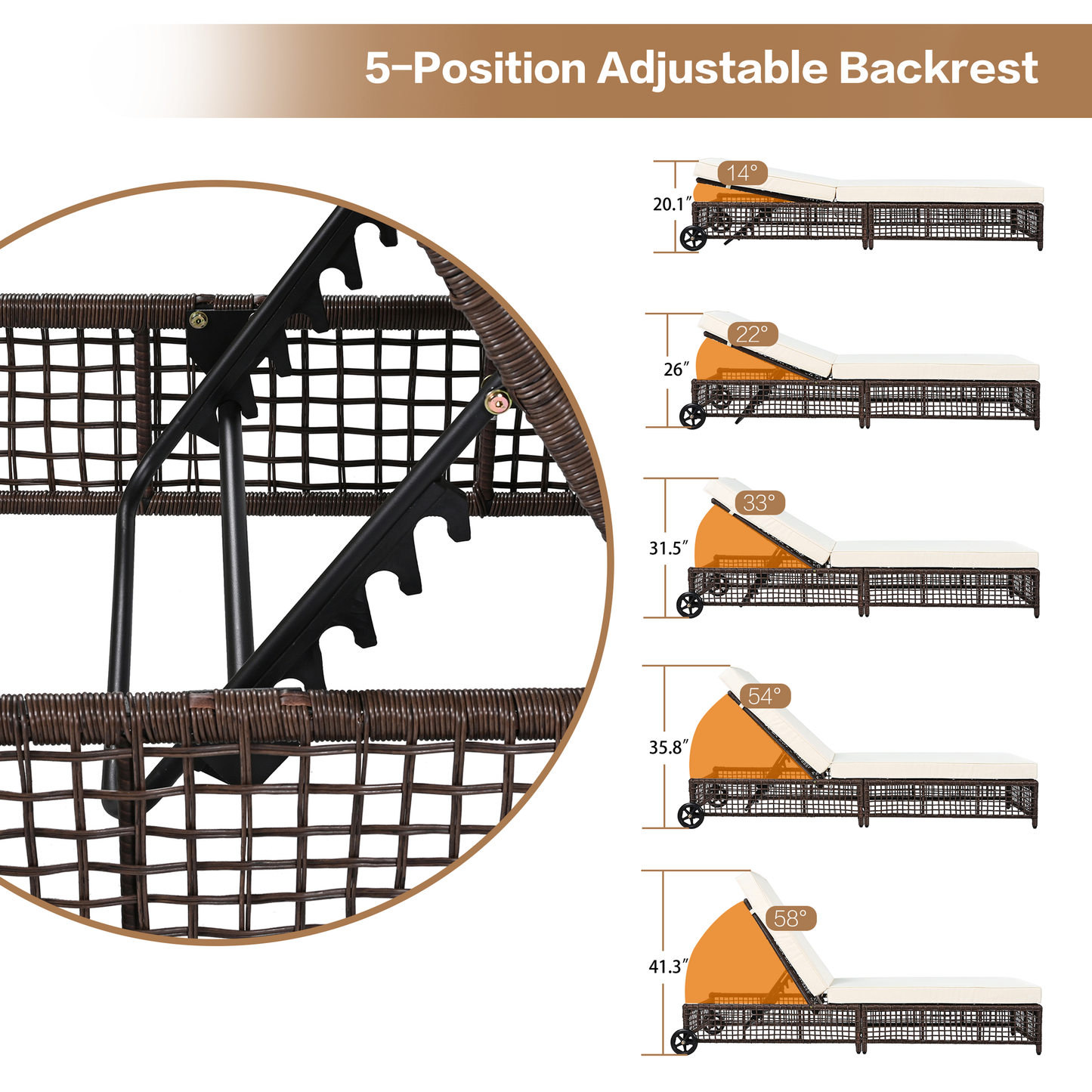 TREXM Outdoor Lounge Chair Set of 2, Patio Chaise Lounge with 5-Position Backrest, Rattan Outdoor Lounge Chair with Cushion and Wheels for Poolside, Backyard, Garden (Brown+Beige)