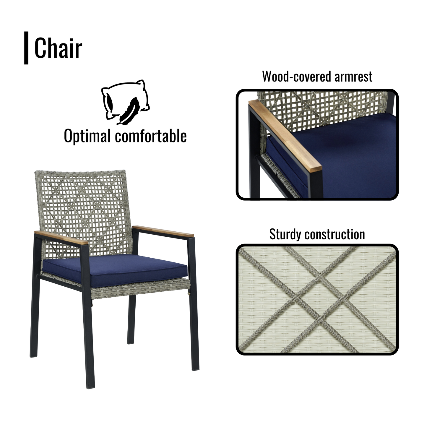 All Weather 5-Piece Patio Dining Table Sets, Patio Conversation Set Acacia Wood Table Top with Umbrella Hole, Rattan Outdoor, Light Gray Color