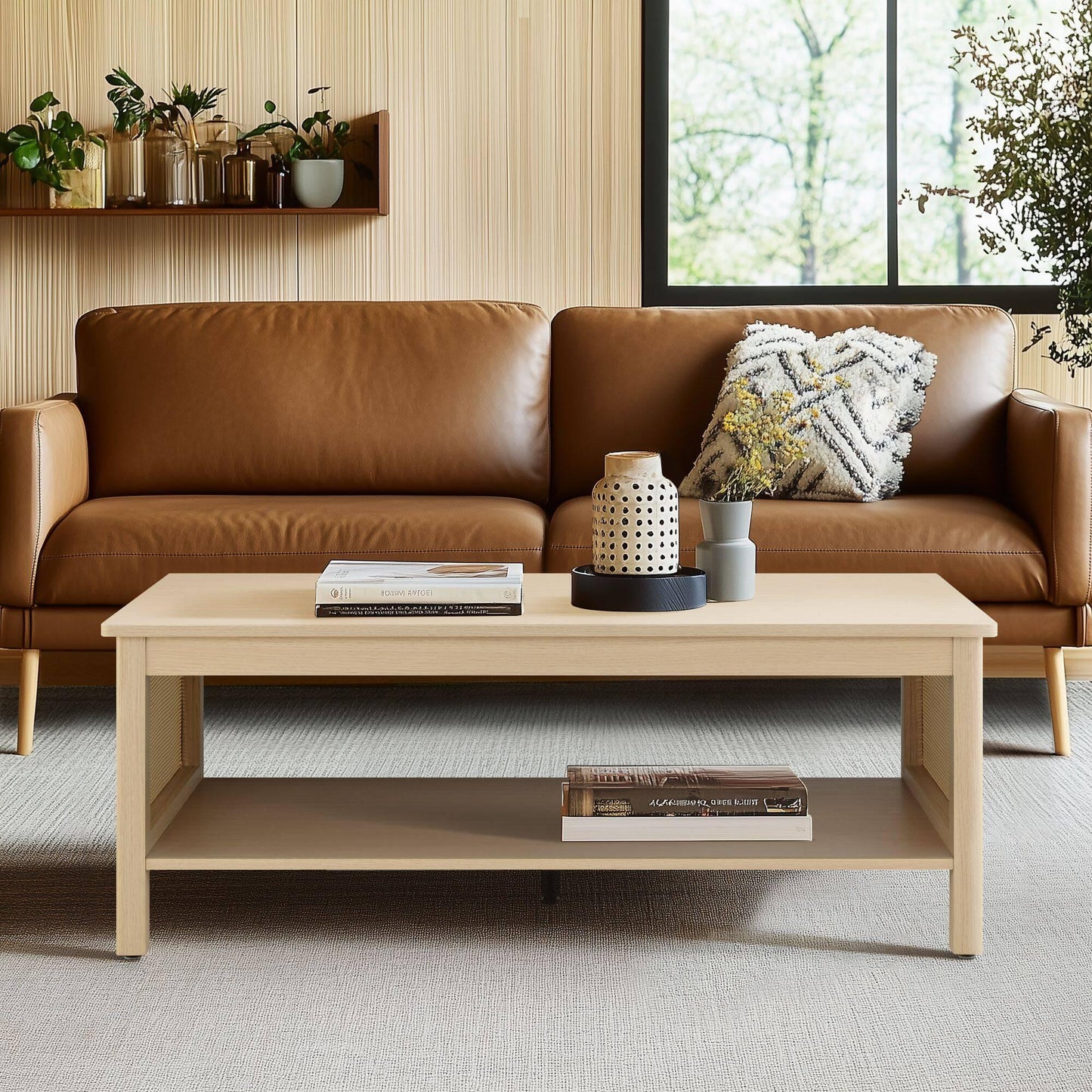 2-Tier Coffee Table with Rattan Sides & Spacious Open Shelf Storage 41.5"W x 21.75"D x 16"H
