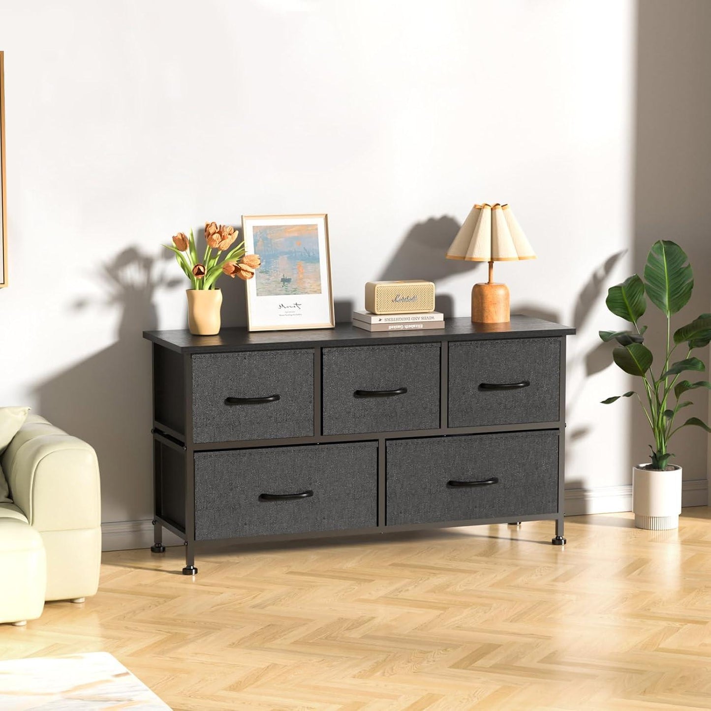 5 Drawers Dresser for Bedroom, Kidsroom Furniture, Wide Chest of Drawers, Storage Organizer Units with Fabric Bins for Closet, Entryway, Metal Frame, Waterproof Wood Top, Adjustable Feet