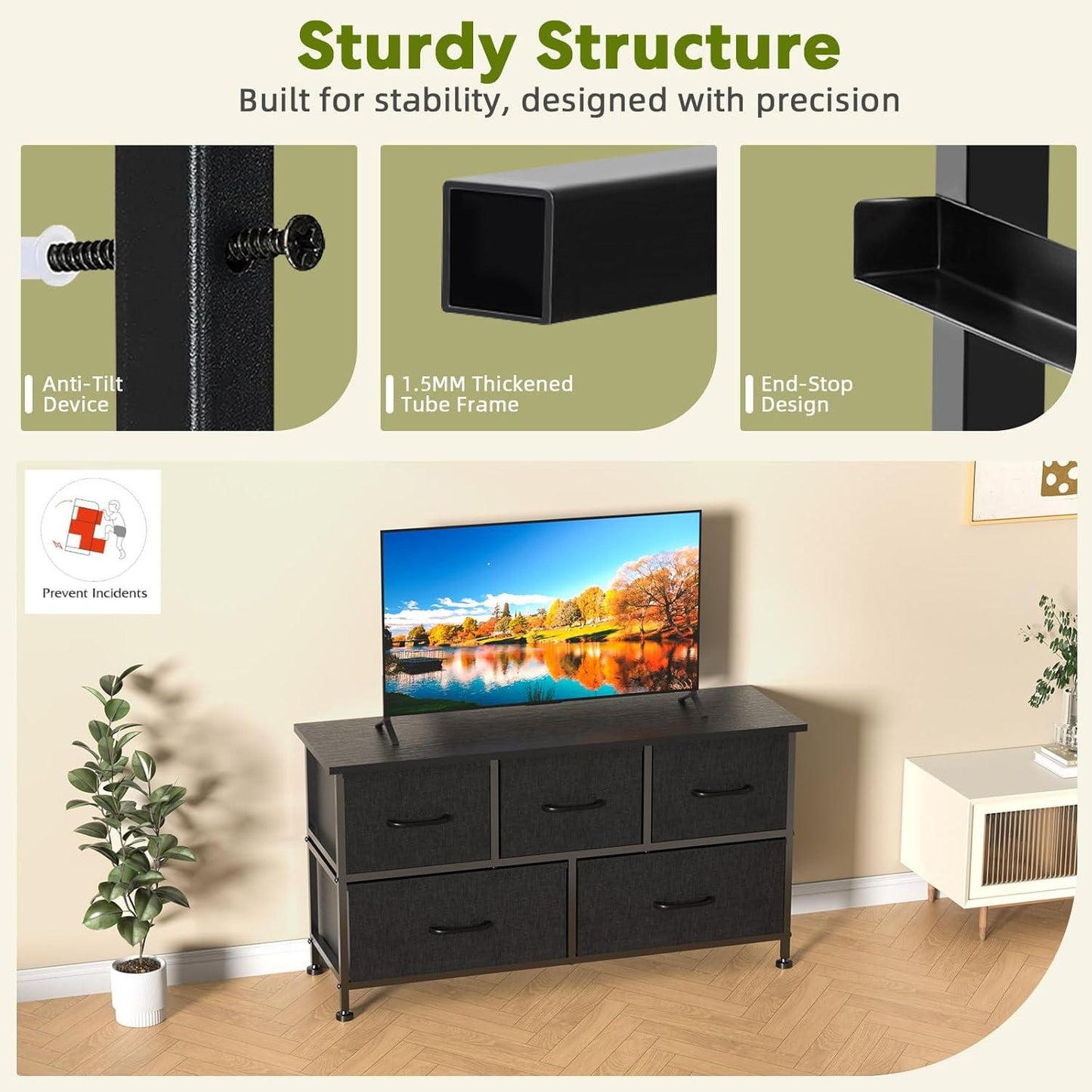 5 Drawers Dresser for Bedroom, Kidsroom Furniture, Wide Chest of Drawers, Storage Organizer Units with Fabric Bins for Closet, Entryway, Metal Frame, Waterproof Wood Top, Adjustable Feet