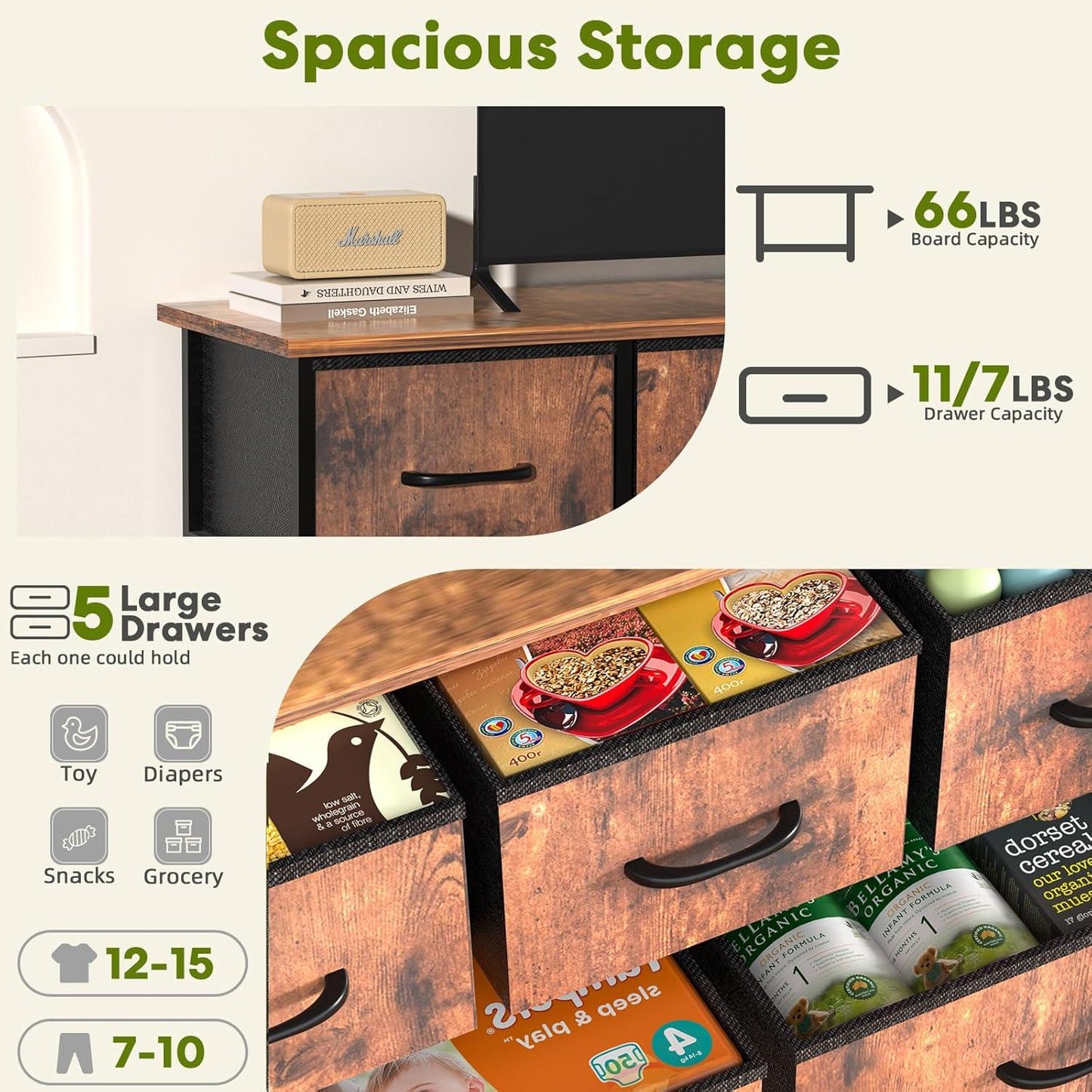 5 Drawers Dresser for Bedroom, Kidsroom Furniture, Wide Chest of Drawers, Storage Organizer Units with Fabric Bins for Closet, Metal Frame, Waterproof Wood Top, Adjustable Feet, Rust