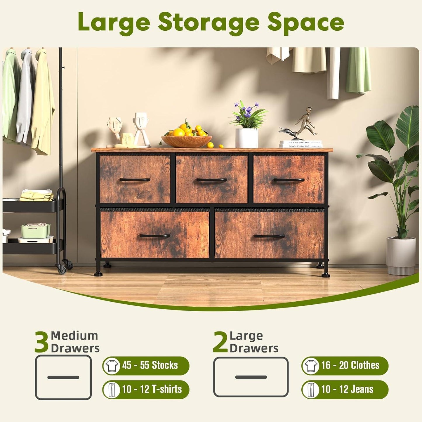 5 Drawers Dresser for Bedroom, Kidsroom Furniture, Wide Chest of Drawers, Storage Organizer Units with Fabric Bins for Closet, Metal Frame, Waterproof Wood Top, Adjustable Feet, Rust