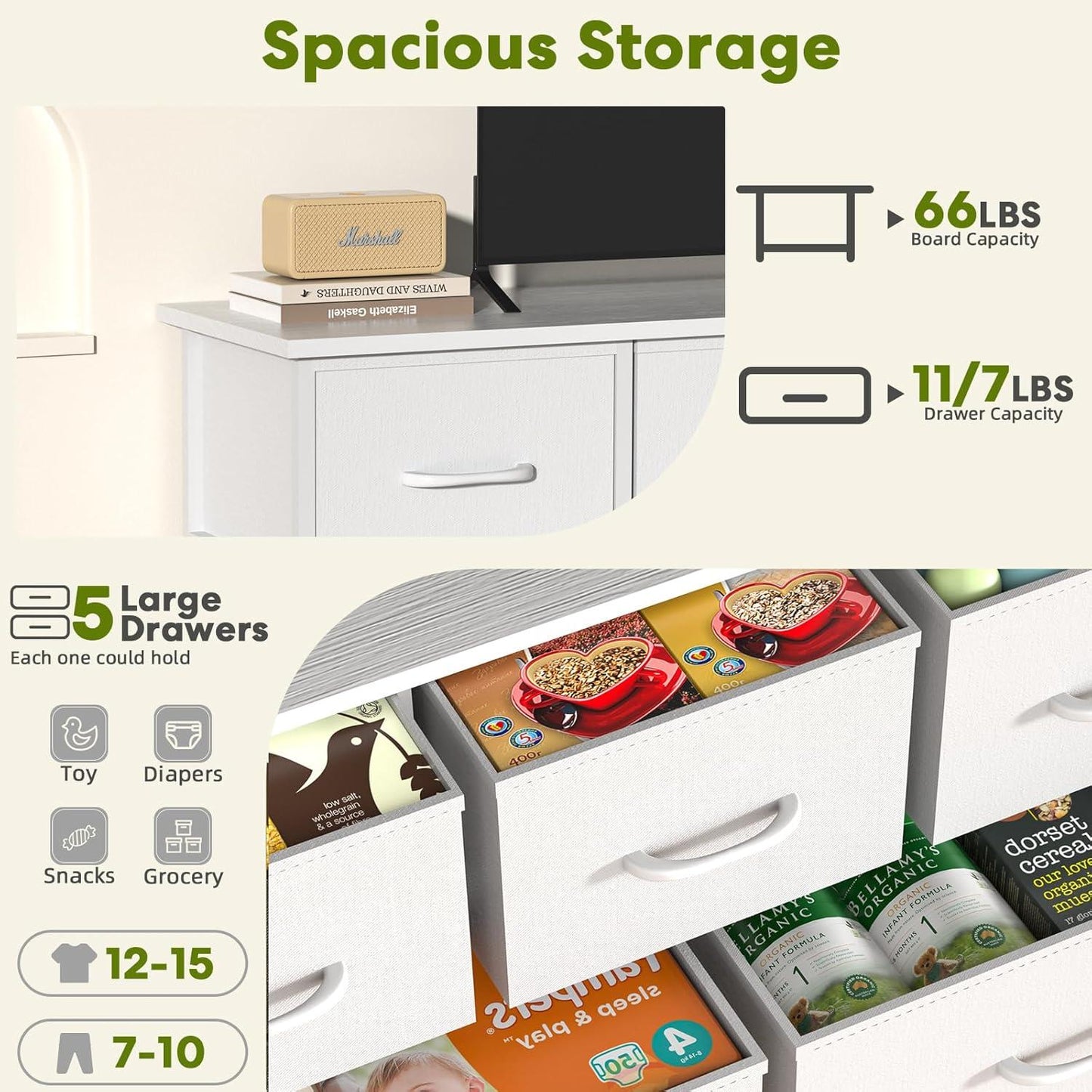 5 Drawers Dresser for Bedroom, Kidsroom Furniture, Wide Chest of Drawers, Storage Organizer Units with Fabric Bins for Closet, White, Metal Frame, Waterproof Wood Top, Adjustable Feet