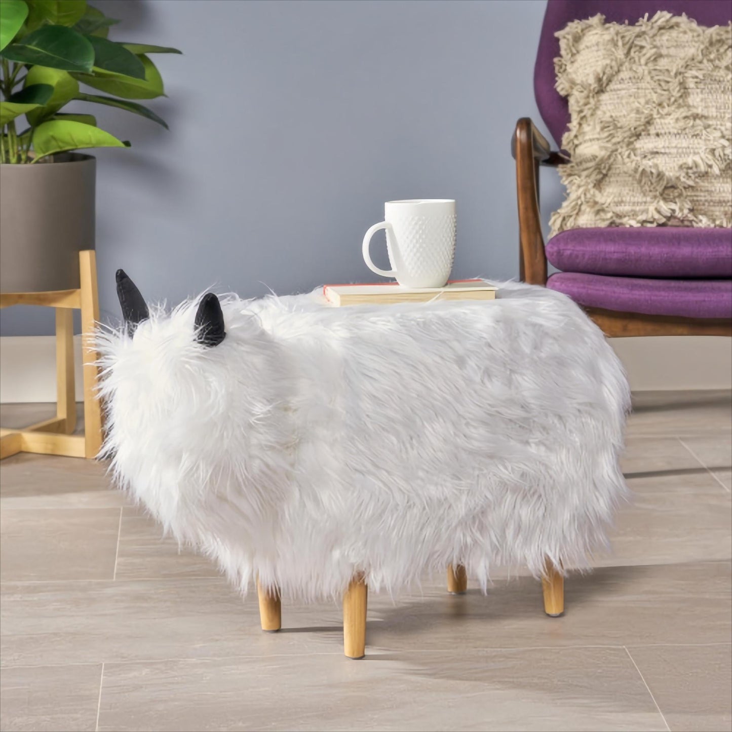 Adorable Upholstered White Yak Ottoman, Cute Wood Foot Stool Shoes Changing Seat with Cushioned for Adult Living Room, Bedroom, Nursery Gameroom, Playroom, Porch Furniture