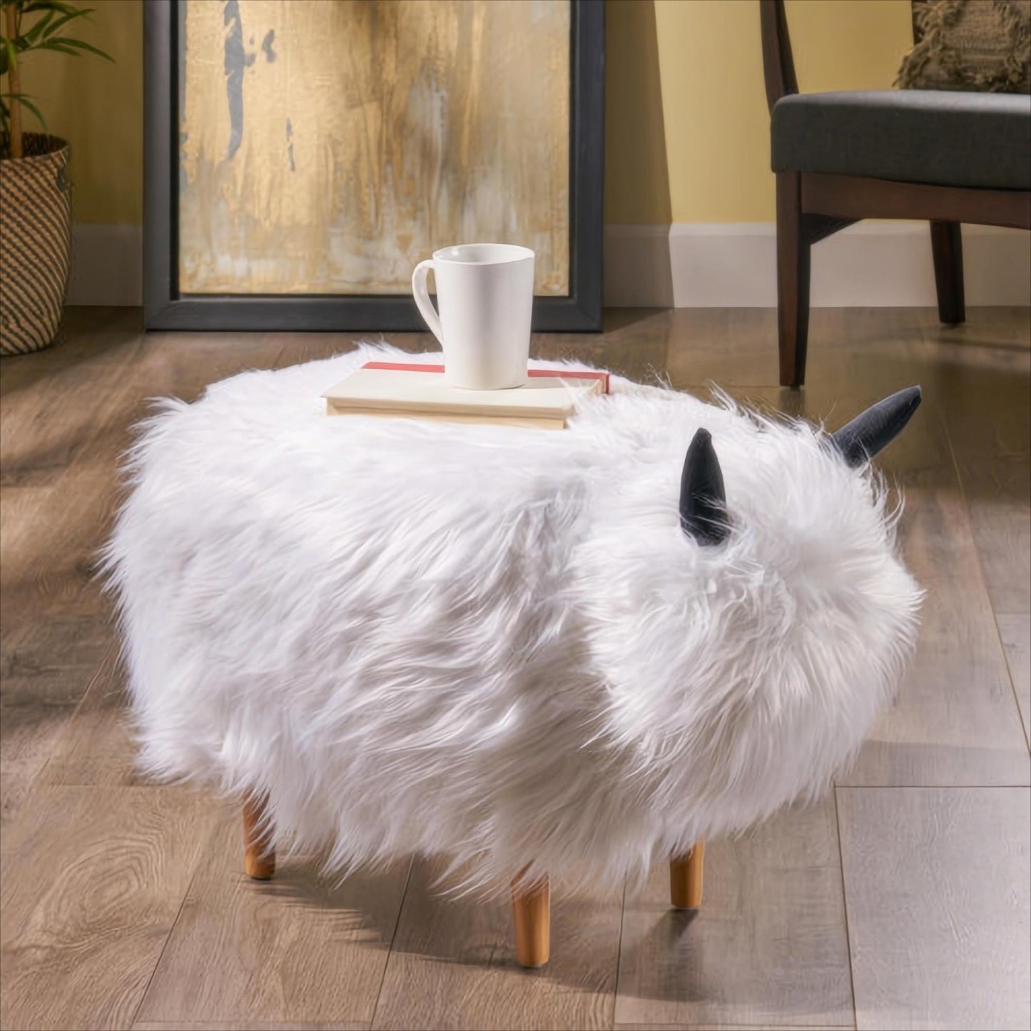 Adorable Upholstered White Yak Ottoman, Cute Wood Foot Stool Shoes Changing Seat with Cushioned for Adult Living Room, Bedroom, Nursery Gameroom, Playroom, Porch Furniture
