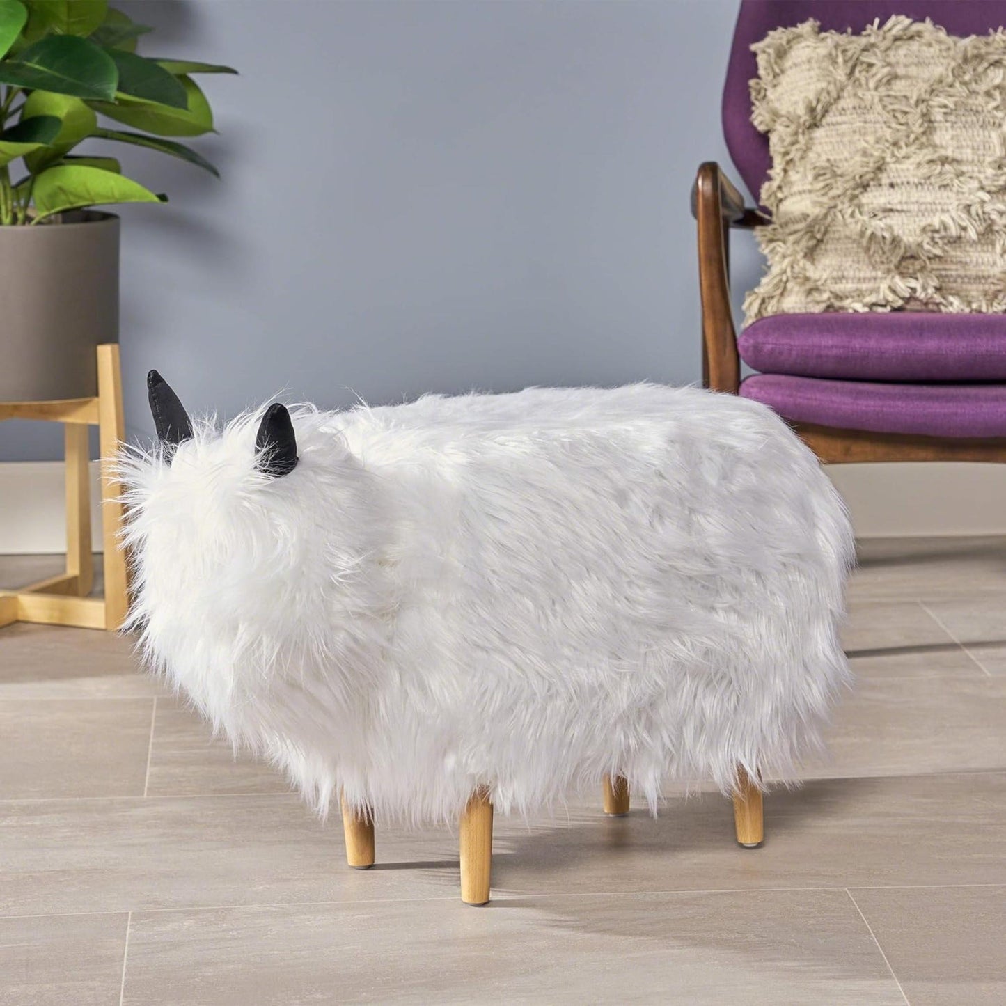 Adorable Upholstered White Yak Ottoman, Cute Wood Foot Stool Shoes Changing Seat with Cushioned for Adult Living Room, Bedroom, Nursery Gameroom, Playroom, Porch Furniture