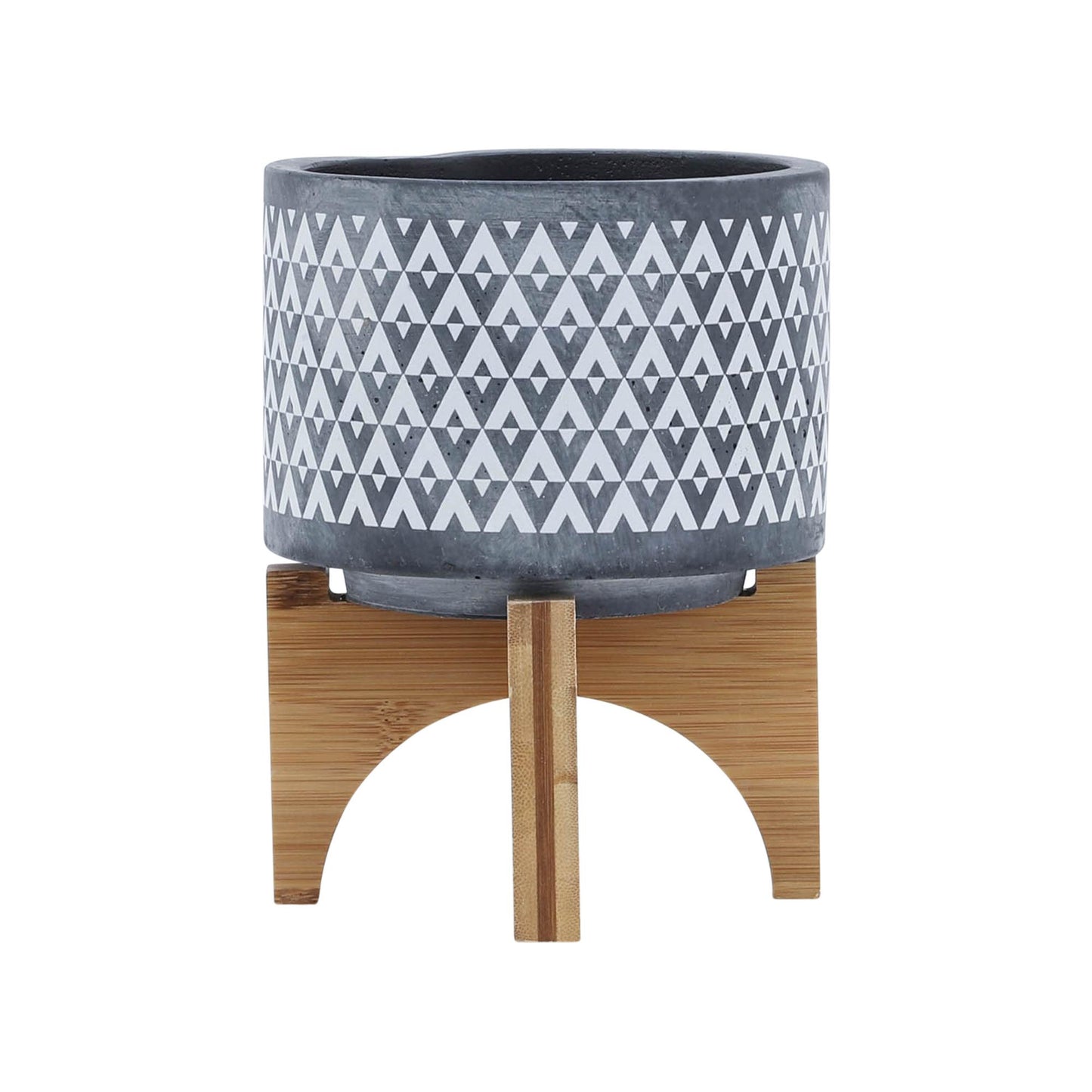 CERAMIC 5" AZTEC PLANTER ON WOODEN STAND, GRAY
