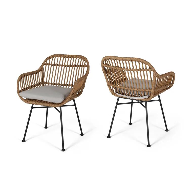 Christopher Knight Home Rodney Outdoor Woven Faux Rattan Chairs with Cushions (Set of 2), Light Brown and Beige Finish