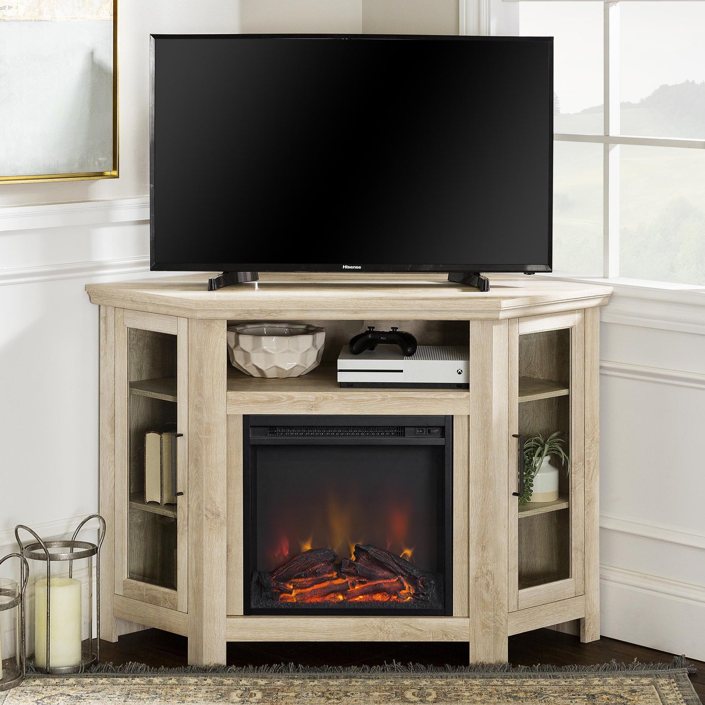 Classic Glass-Door Fireplace TV Stand for TVs up to 55" - White Oak