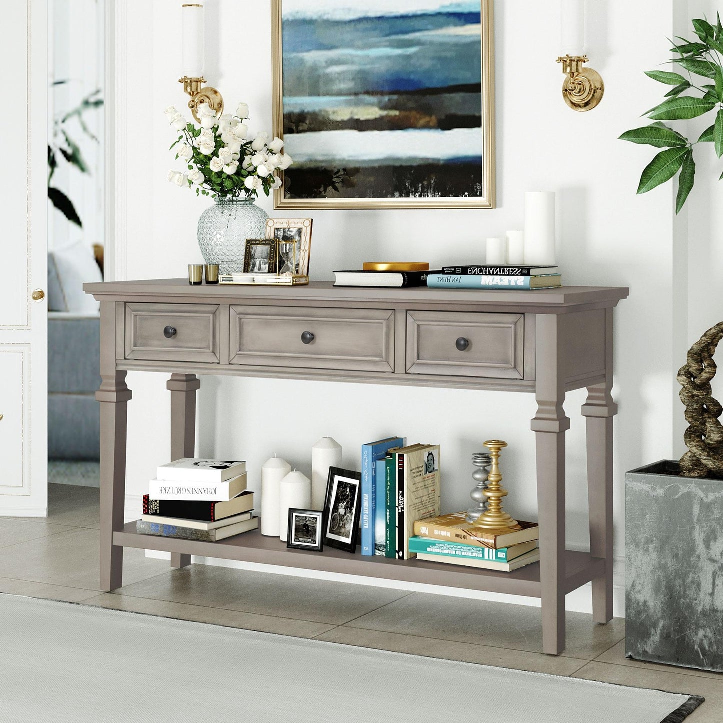 Classic Retro Style Console Table with Three Top Drawers and Open Style Bottom Shelf for Entryway, Hallway and Living Room(Gray Wash)