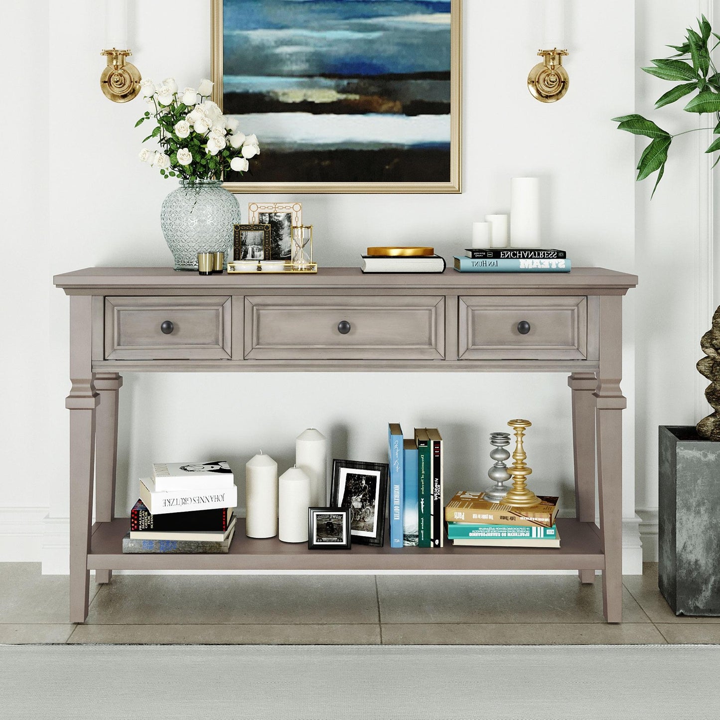 Classic Retro Style Console Table with Three Top Drawers and Open Style Bottom Shelf for Entryway, Hallway and Living Room(Gray Wash)