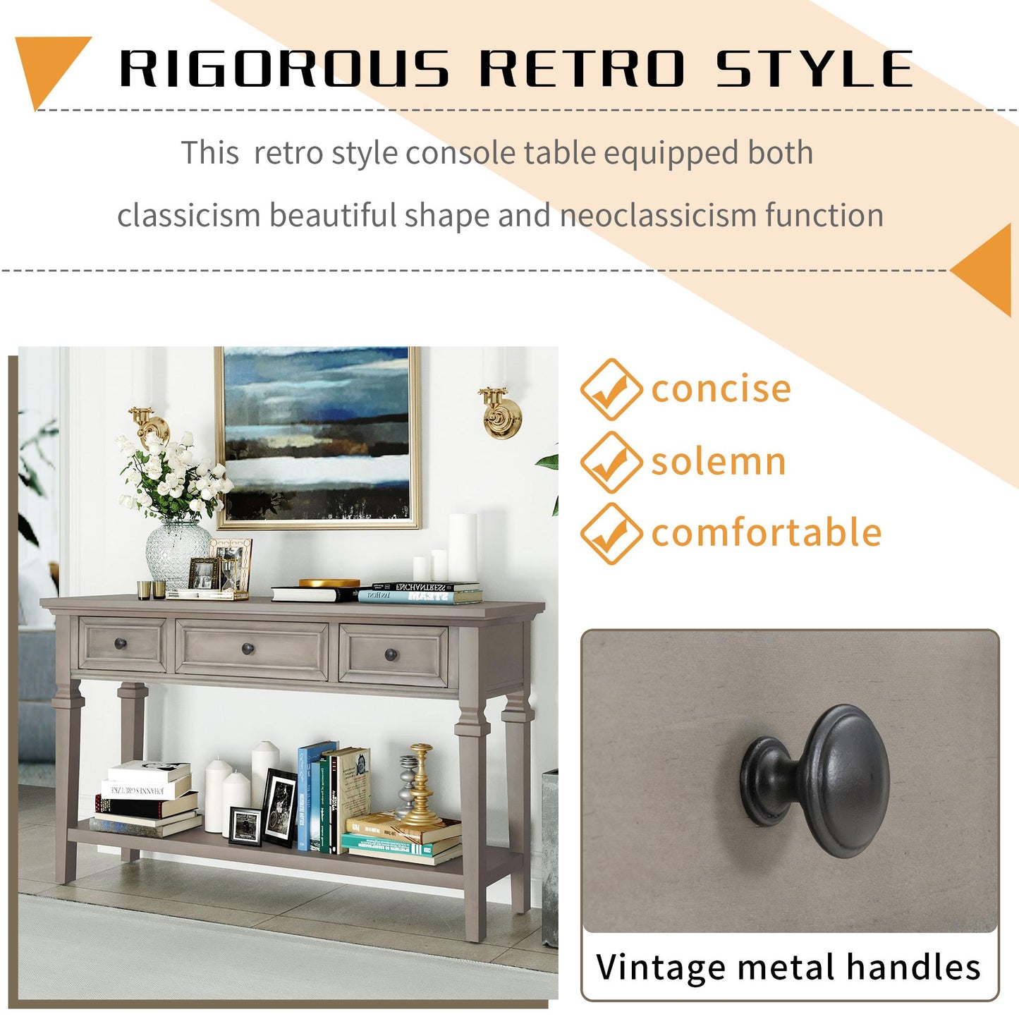 Classic Retro Style Console Table with Three Top Drawers and Open Style Bottom Shelf for Entryway, Hallway and Living Room(Gray Wash)