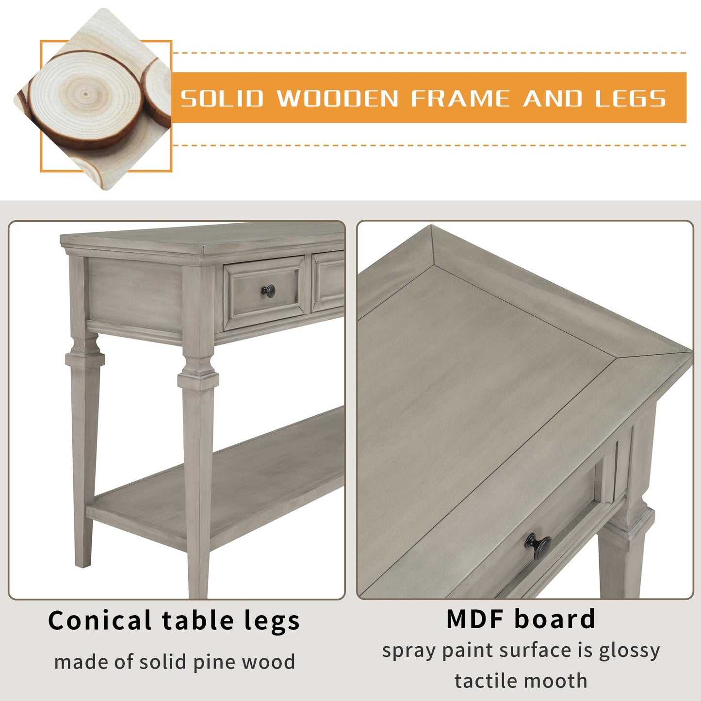 Classic Retro Style Console Table with Three Top Drawers and Open Style Bottom Shelf for Entryway, Hallway and Living Room(Gray Wash)