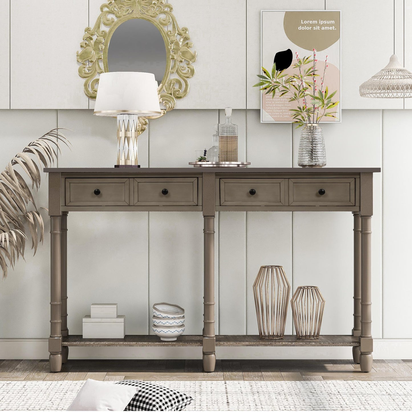 Console Table Sofa Table Easy Assembly with Two Storage Drawers and Bottom Shelf for Living Room, Entryway (Gray Wash)