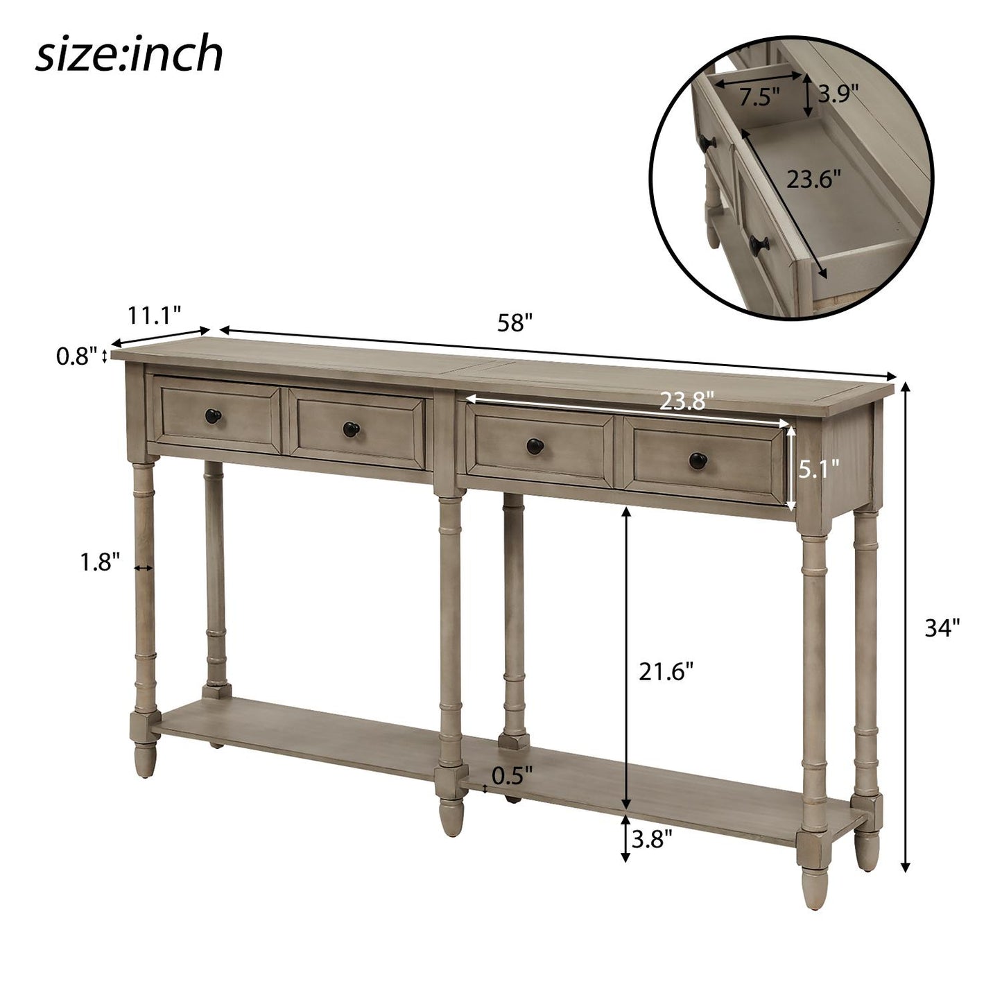 Console Table Sofa Table Easy Assembly with Two Storage Drawers and Bottom Shelf for Living Room, Entryway (Gray Wash)