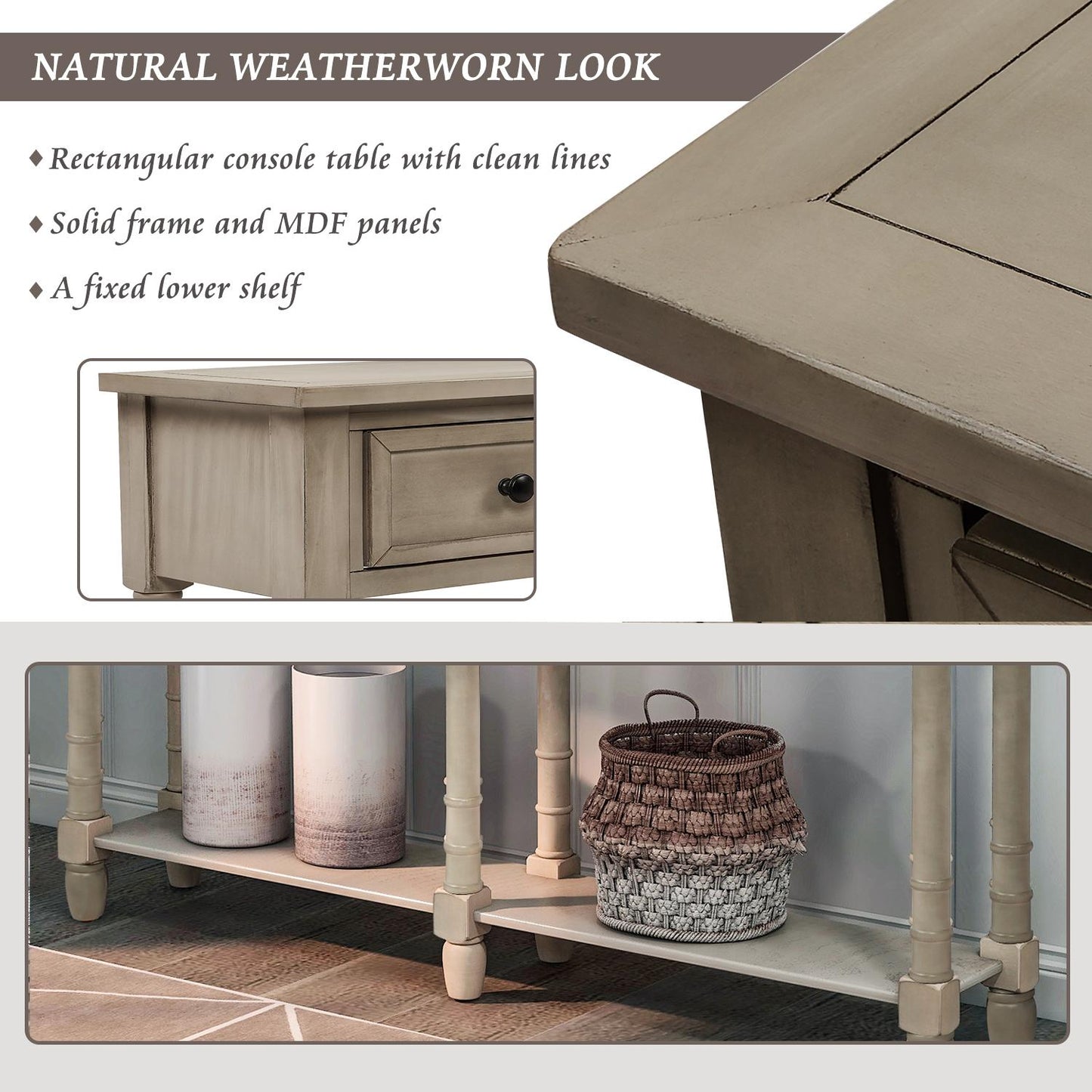 Console Table Sofa Table Easy Assembly with Two Storage Drawers and Bottom Shelf for Living Room, Entryway (Gray Wash)