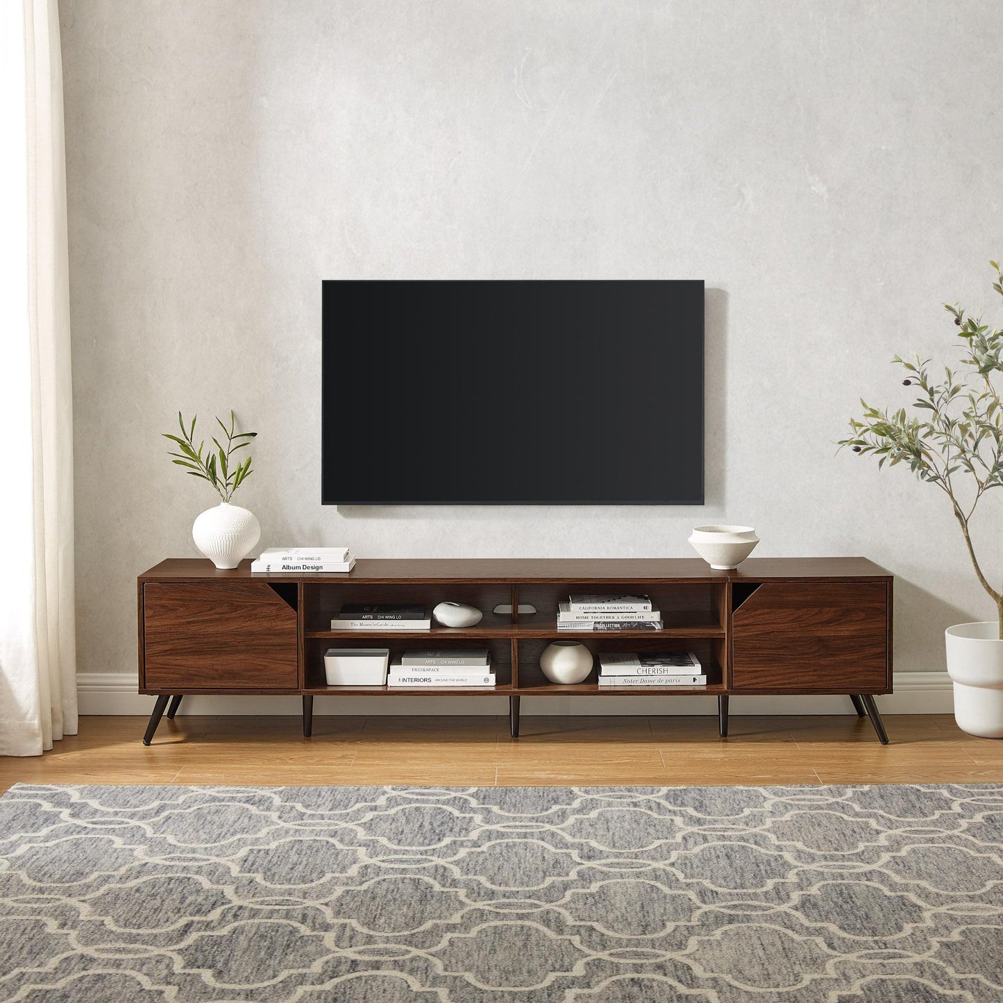 Contemporary 2-Door Minimalist TV Stand for TVs up to 90 inches – Dark Walnut