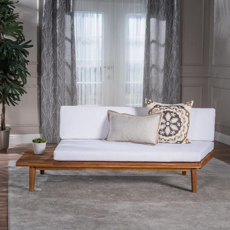 Eulah Indoor Minimalist Acacia Wood Left-Sided Sofa with White Cushions