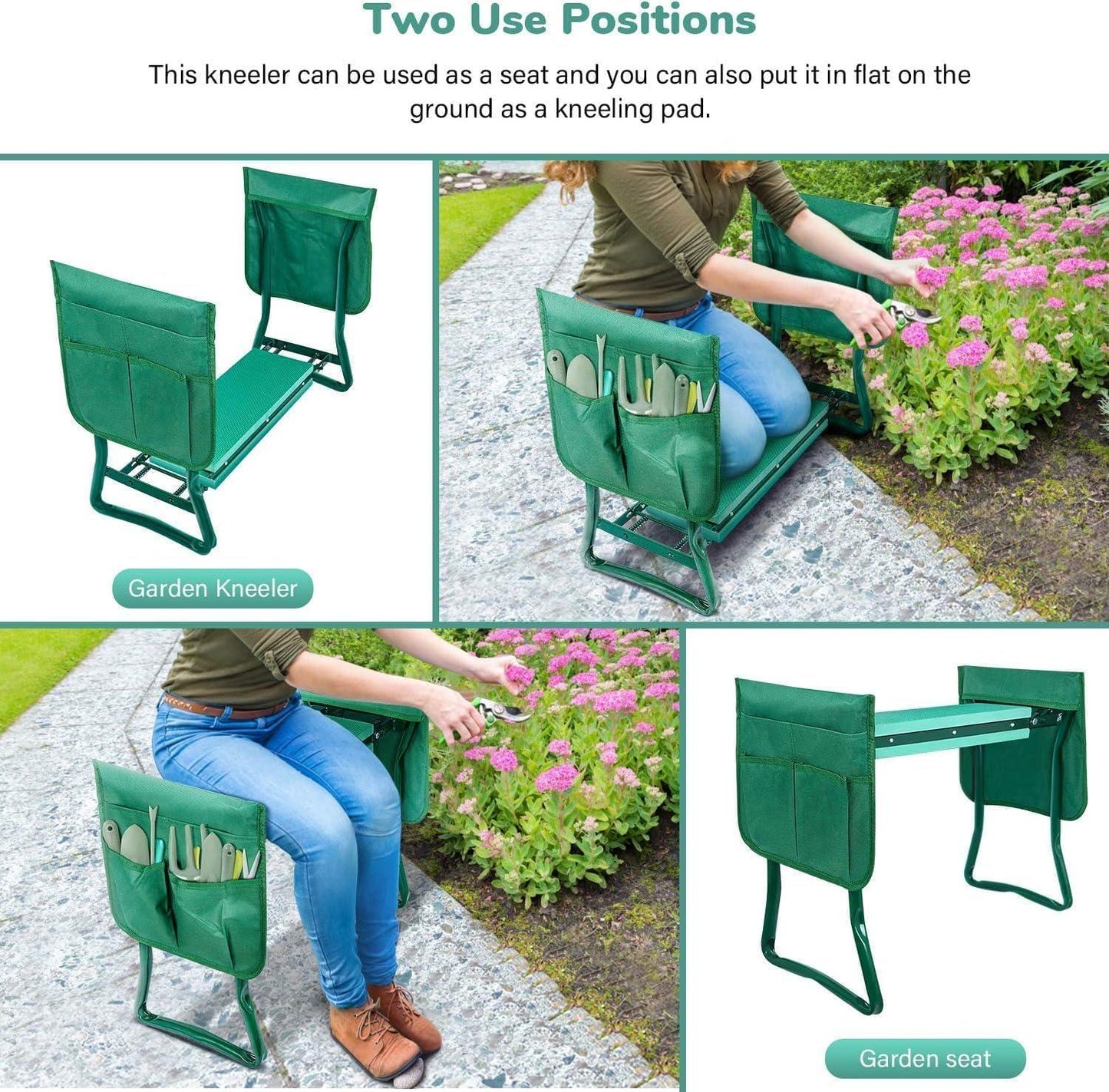 Garden Kneeler and Seat, Foldable Kneeling Bench with Sturdy Soft EVA Foam Pad, for Camping, Gardening, Fishing, 2 Tool Pouches Included, Green