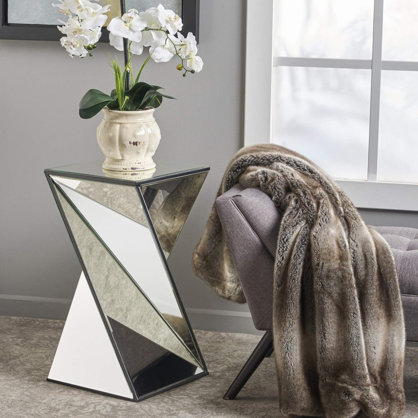 Geometrical Mirrored Side Table, Silver, Durable and Clear Design, Modern, Chic for Livingroom, Bedroom, Office 13.75''(L) x 13.75''(W) x 25.6''(H)
