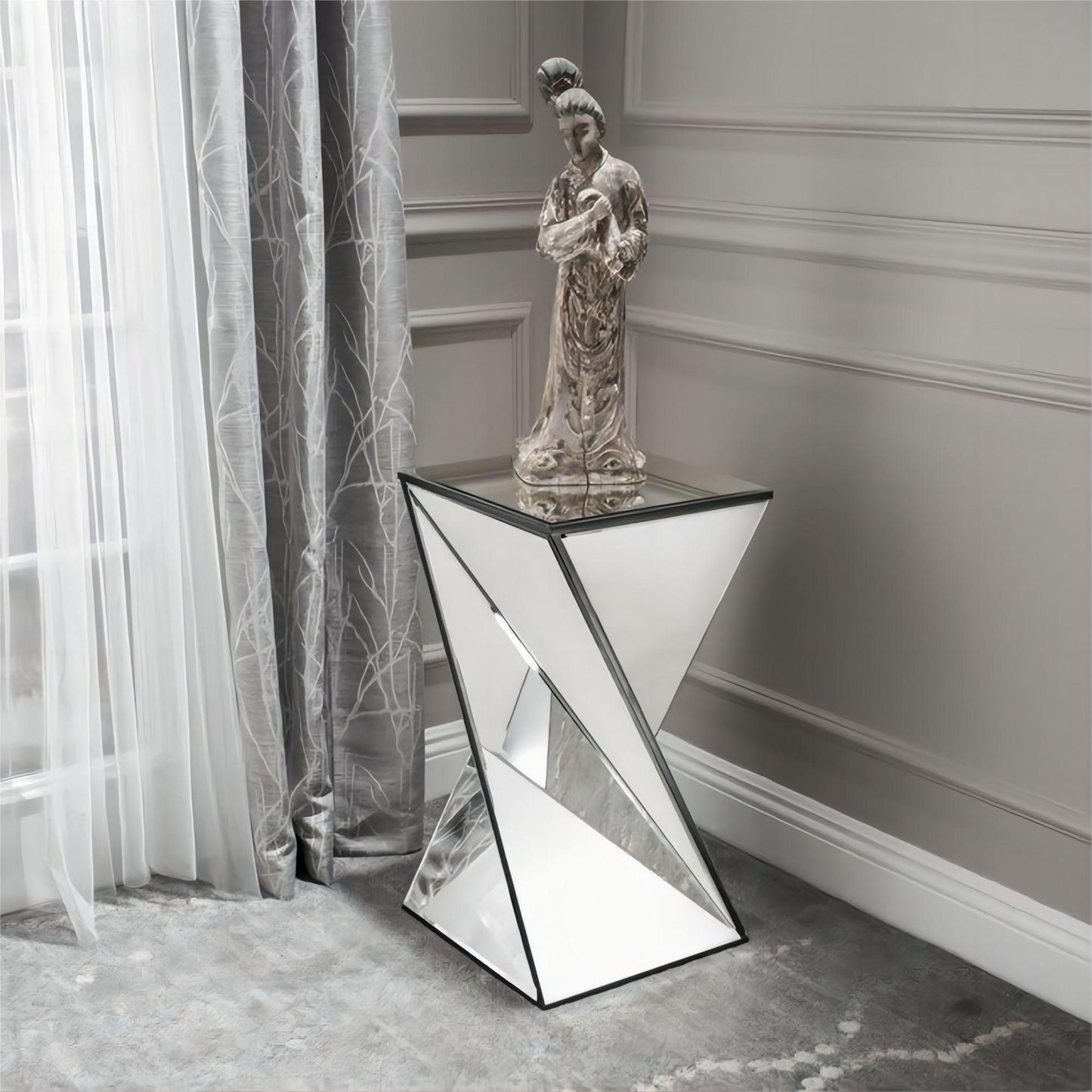 Geometrical Mirrored Side Table, Silver, Durable and Clear Design, Modern, Chic for Livingroom, Bedroom, Office 13.75''(L) x 13.75''(W) x 25.6''(H)