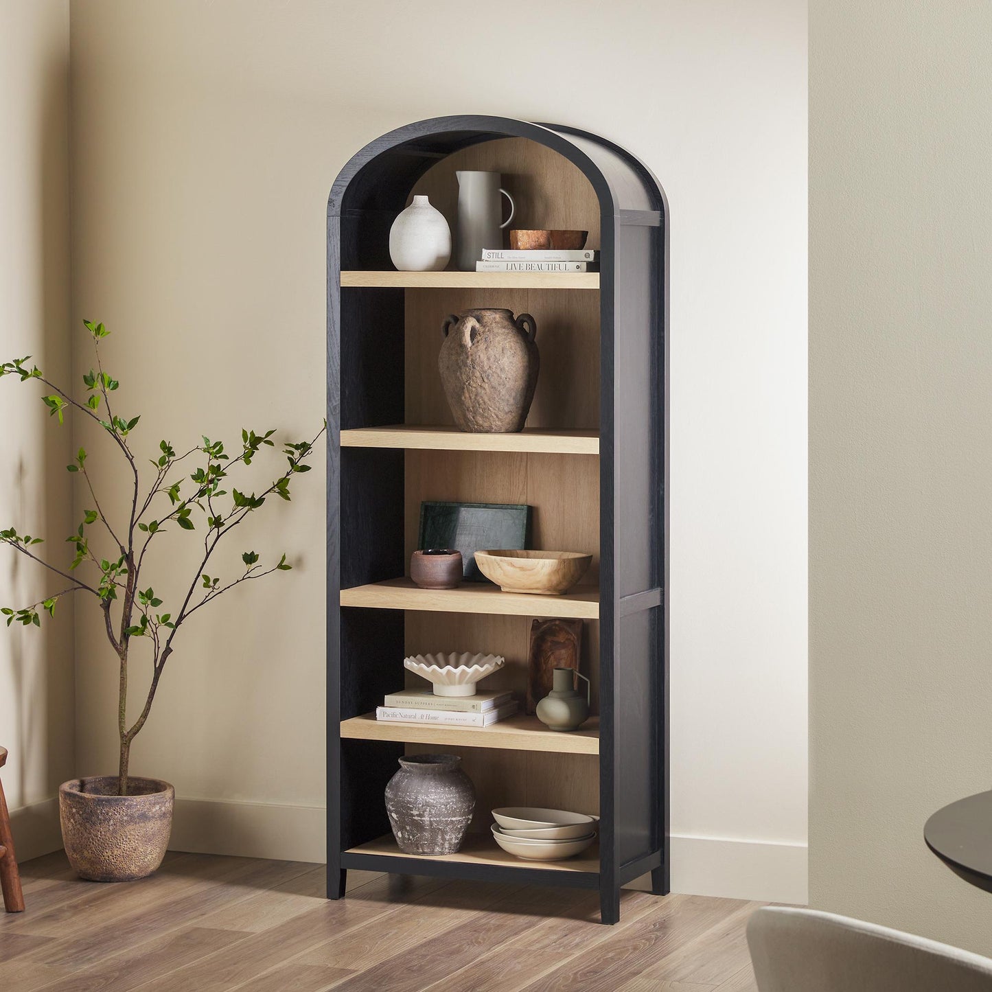 Modern 5 Shelf Open Arched Bookshelf - Black