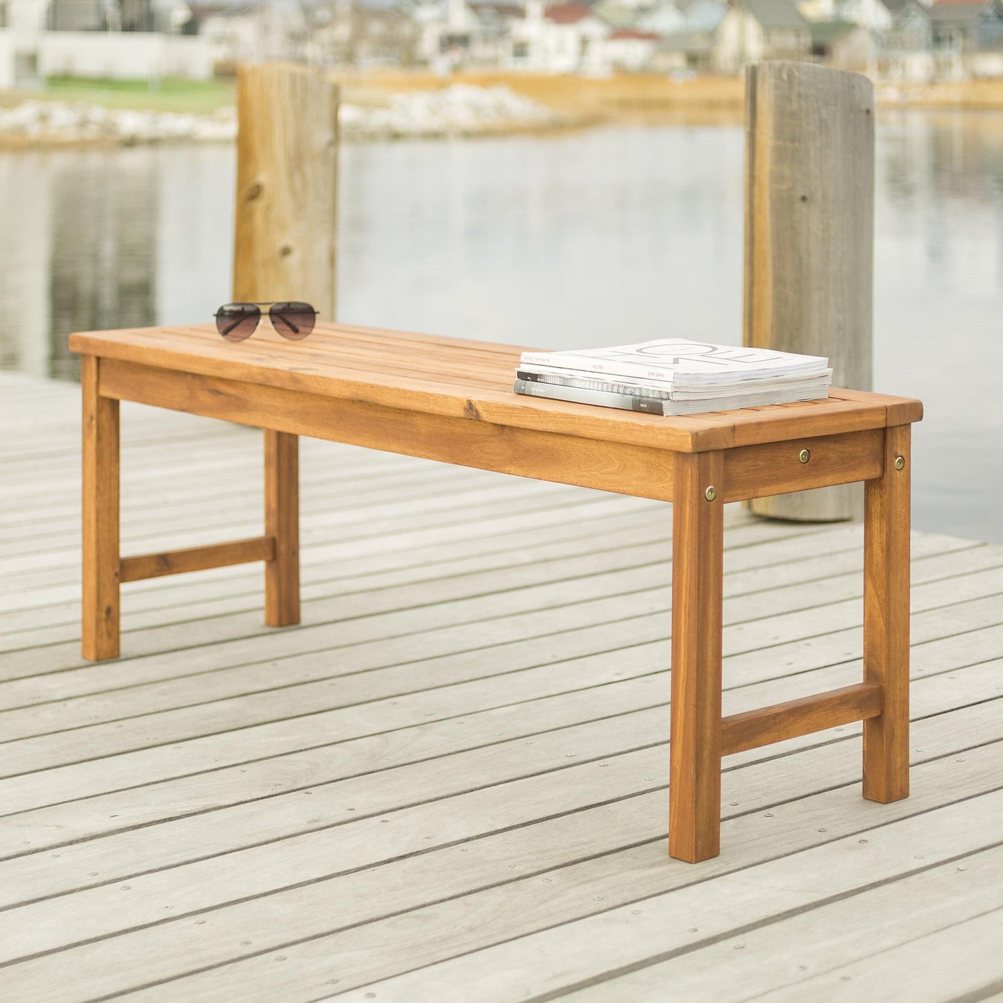 Modern Slat-Top Solid Wood Patio Bench - Brown
