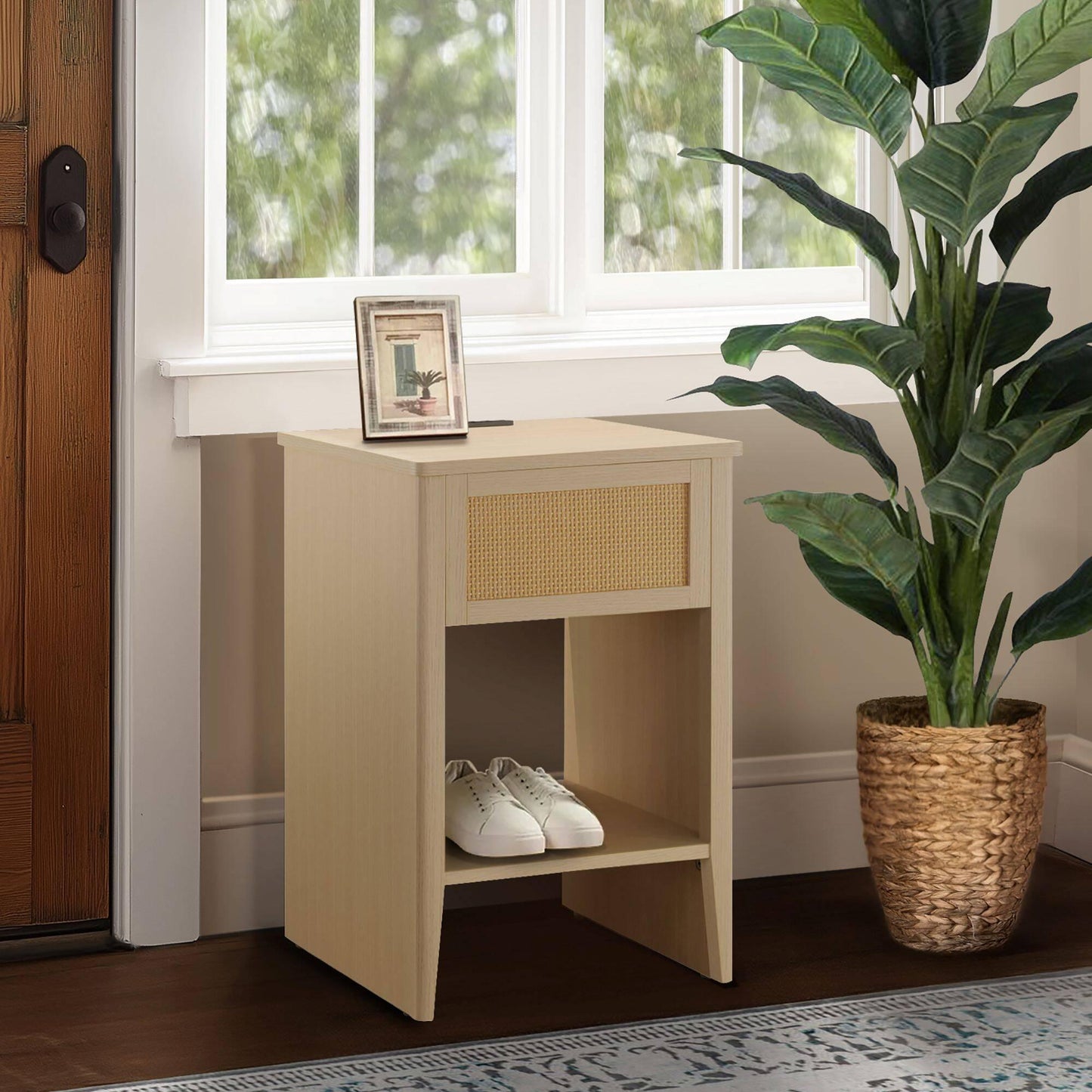 Rattan Accent Side Table with Drawer Storage & Lower Open Shelf 15.75"W x 15"D x 23.75"H