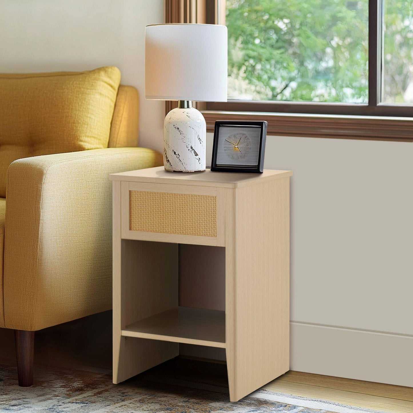 Rattan Accent Side Table with Drawer Storage & Lower Open Shelf 15.75"W x 15"D x 23.75"H
