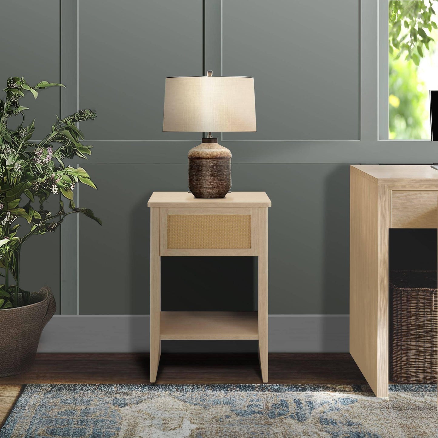 Rattan Accent Side Table with Drawer Storage & Lower Open Shelf 15.75"W x 15"D x 23.75"H