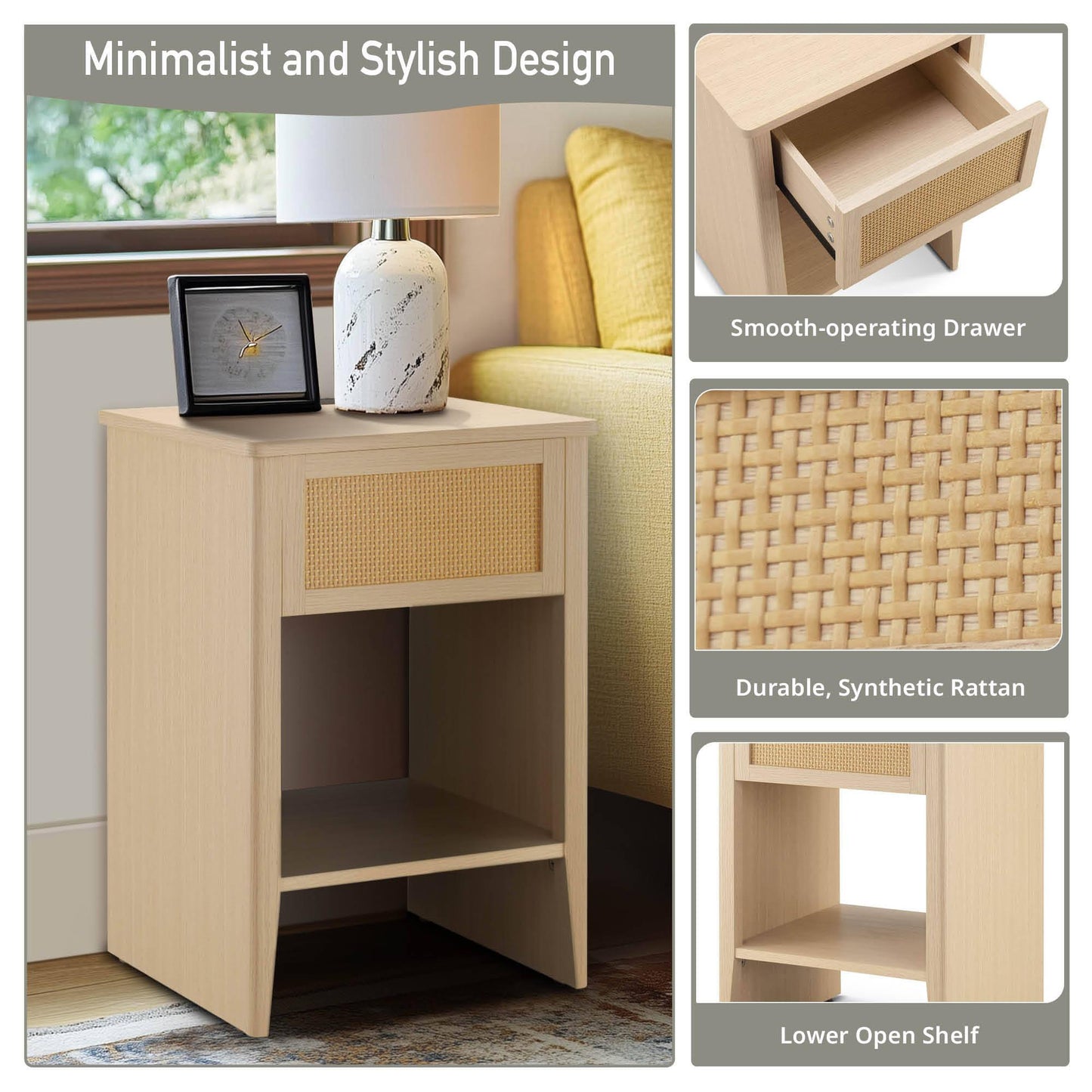 Rattan Accent Side Table with Drawer Storage & Lower Open Shelf 15.75"W x 15"D x 23.75"H