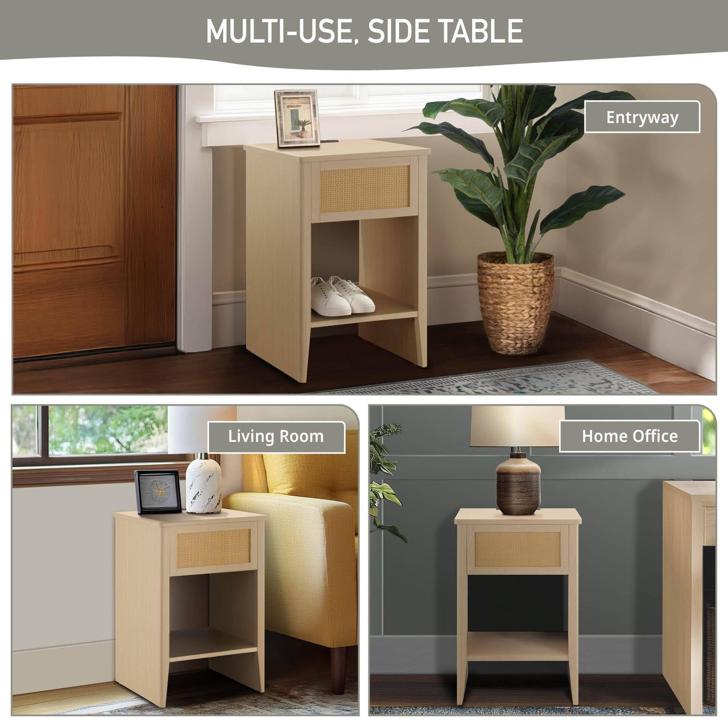 Rattan Accent Side Table with Drawer Storage & Lower Open Shelf 15.75"W x 15"D x 23.75"H