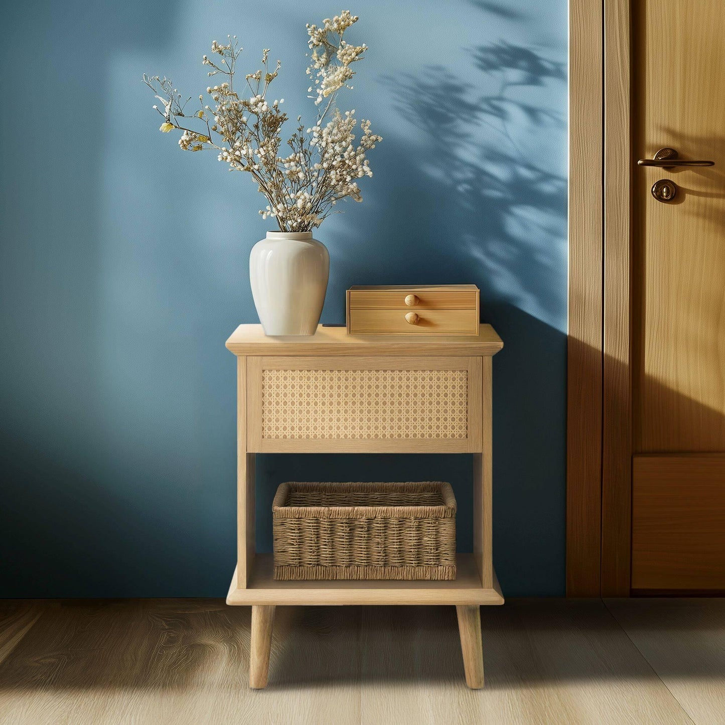 Rattan Accent Side Table with Drawer Storage & Lower Open Shelf 18"W x 15.25"D x 23.75"H