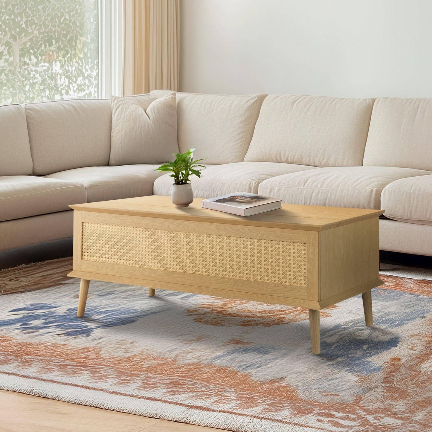 Rattan Lift-Top Coffee Table with Storage 42"W x 21.5"D x 17~22.5"H