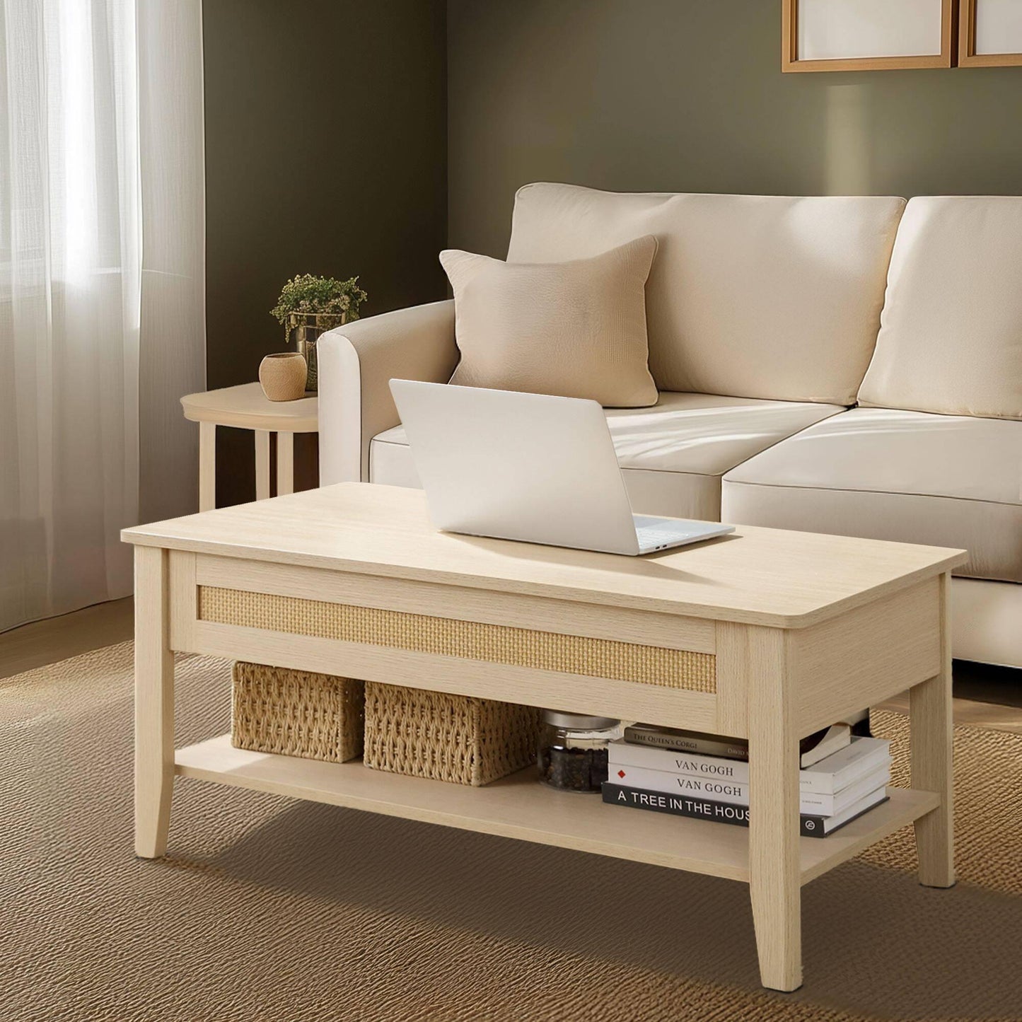Rattan Lift-Top Coffee Table with Storage & Lower Open Shelf 34.5"W x 19"D x 16~21.5"H