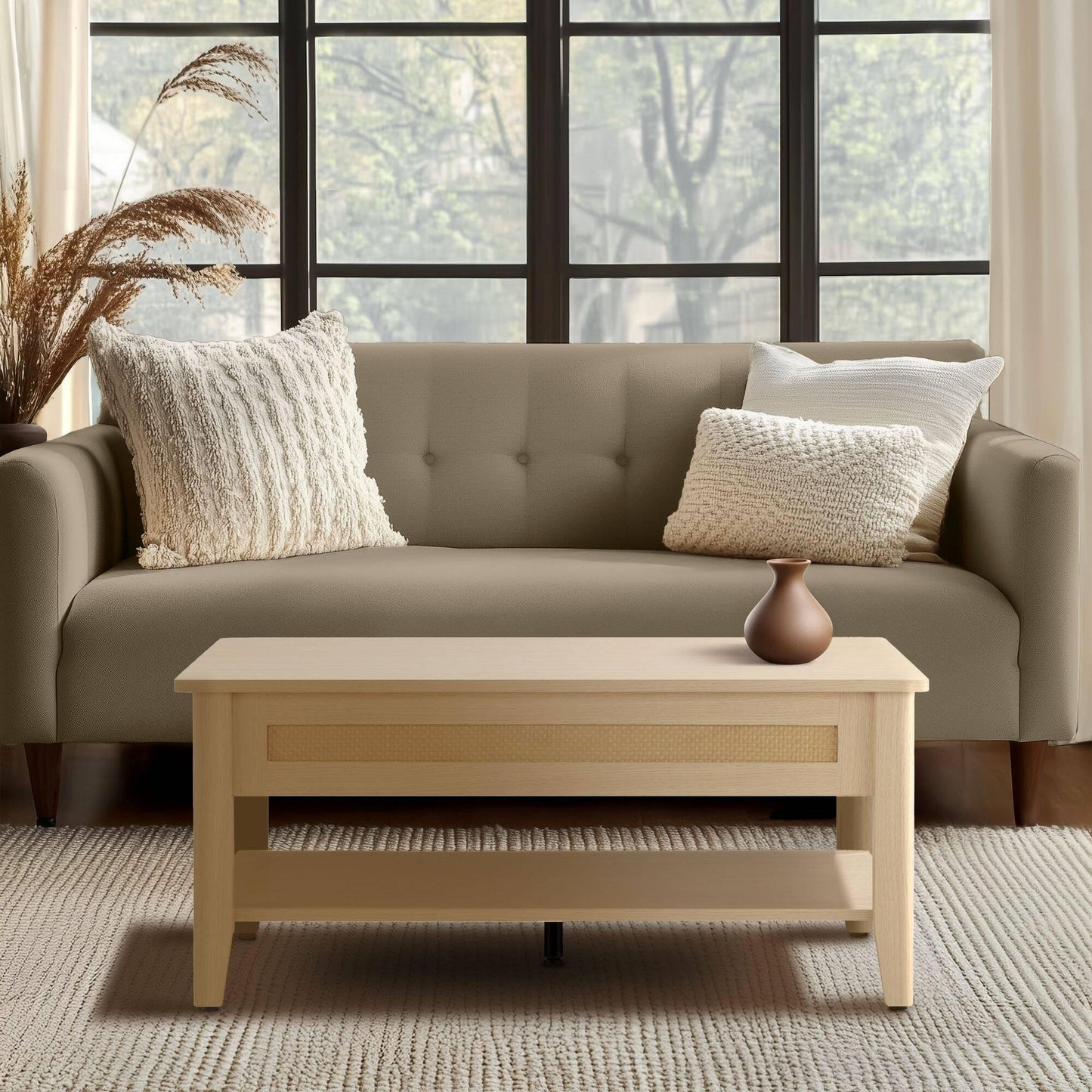 Rattan Lift-Top Coffee Table with Storage & Lower Open Shelf 34.5"W x 19"D x 16~21.5"H
