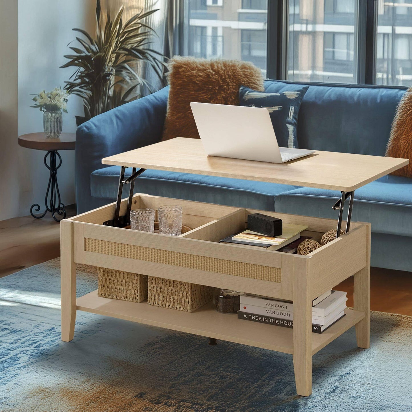 Rattan Lift-Top Coffee Table with Storage & Lower Open Shelf 34.5"W x 19"D x 16~21.5"H