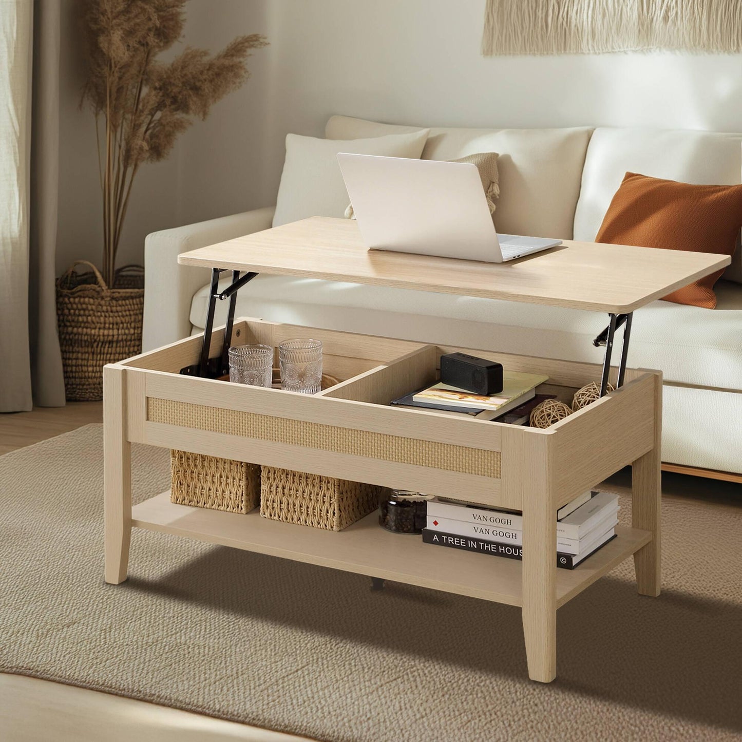 Rattan Lift-Top Coffee Table with Storage & Lower Open Shelf 34.5"W x 19"D x 16~21.5"H