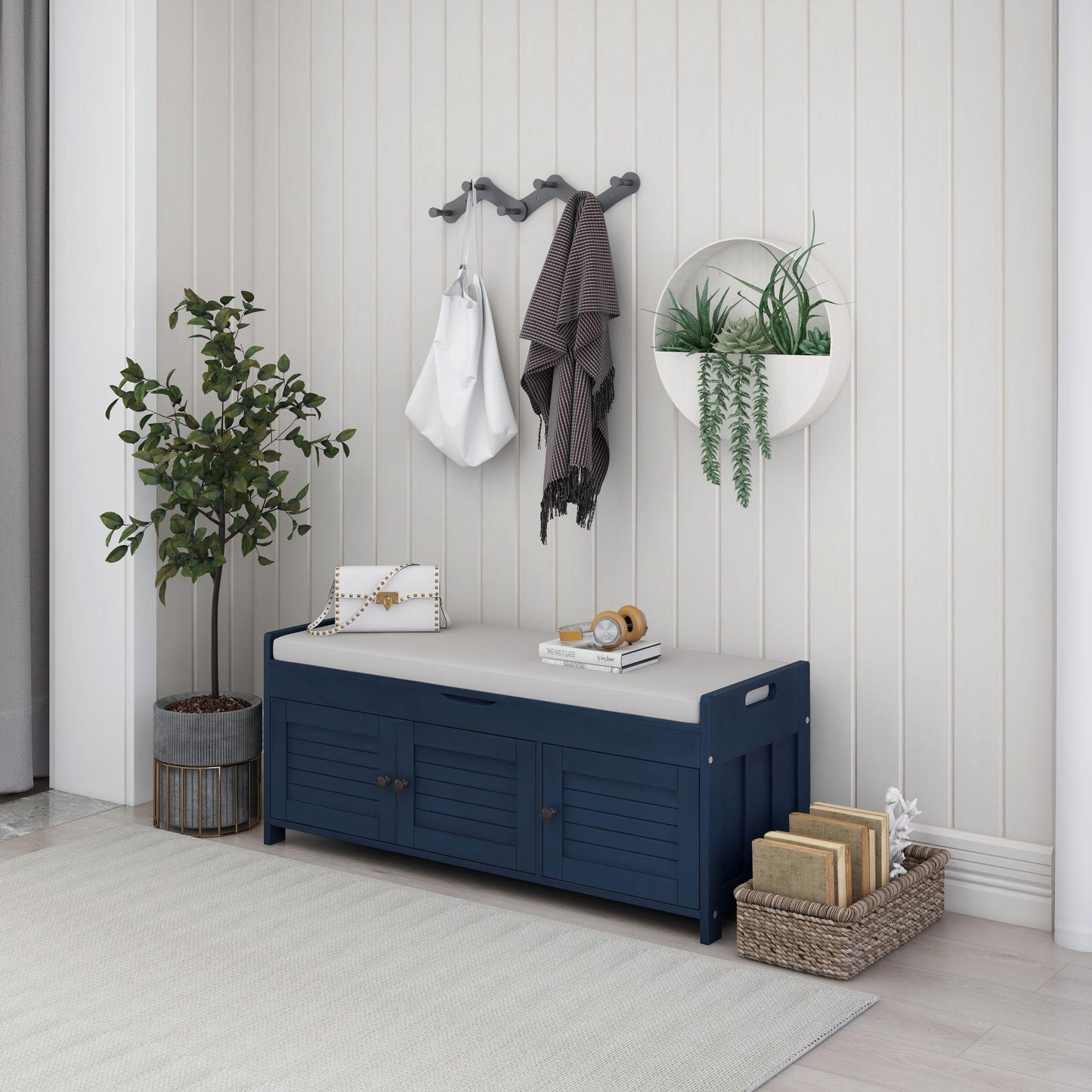 Storage Bench with 3 Shutter-shaped Doors, Shoe Bench with Removable Cushion and Hidden Storage Space (Antique Navy)