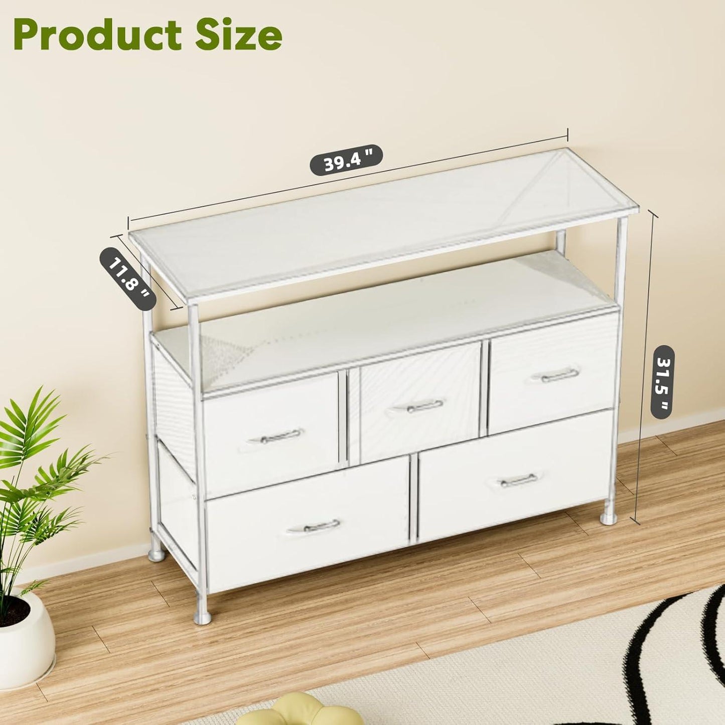 TV Stand Dresser for Bedroom Entertainment Center with 5 Fabric Drawers, Storage Organizers Units for Living Room, Media Console Table with Open Shelf up for 45" TV, White, Wood top