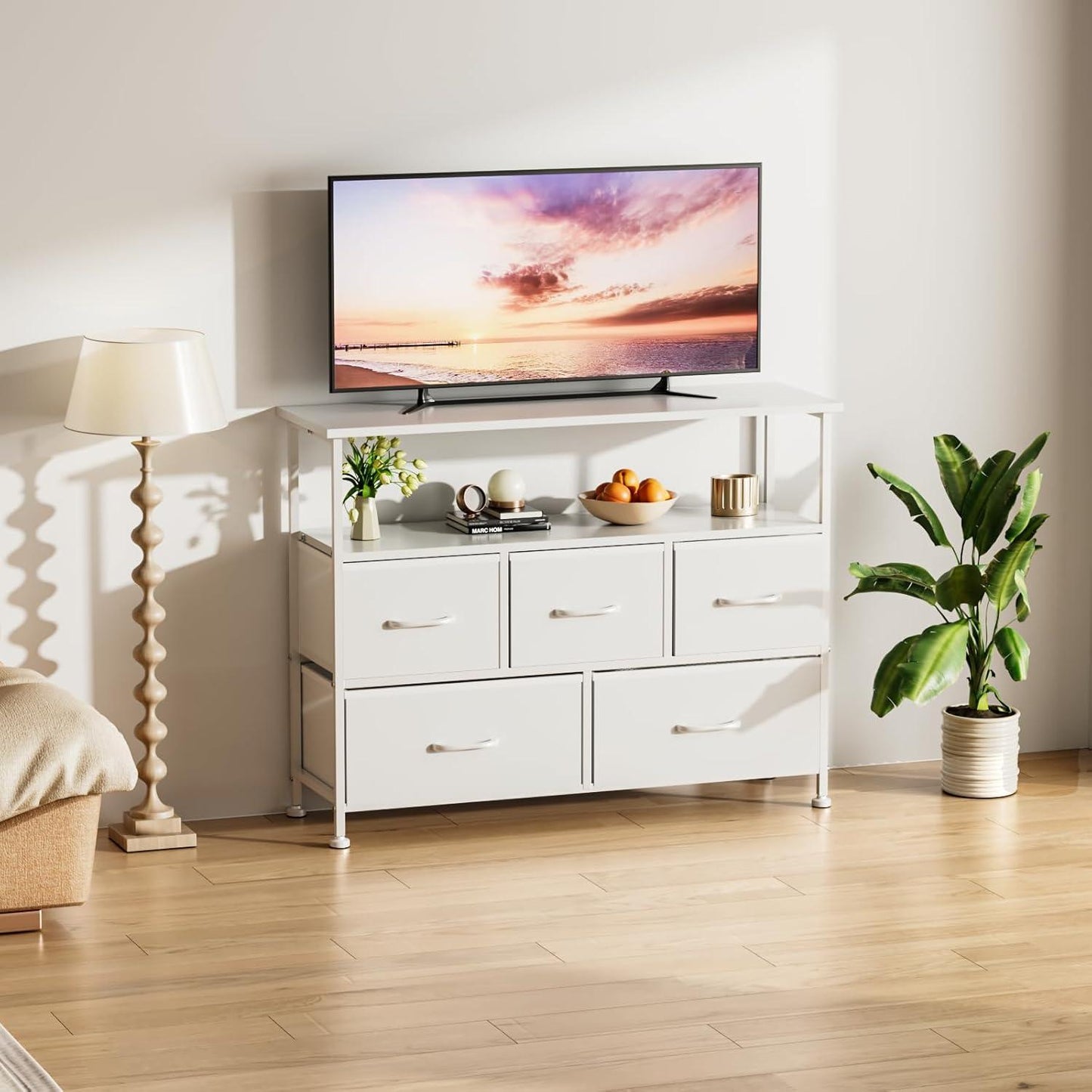 TV Stand Dresser for Bedroom Entertainment Center with 5 Fabric Drawers, Storage Organizers Units for Living Room, Media Console Table with Open Shelf up for 45" TV, White, Wood top