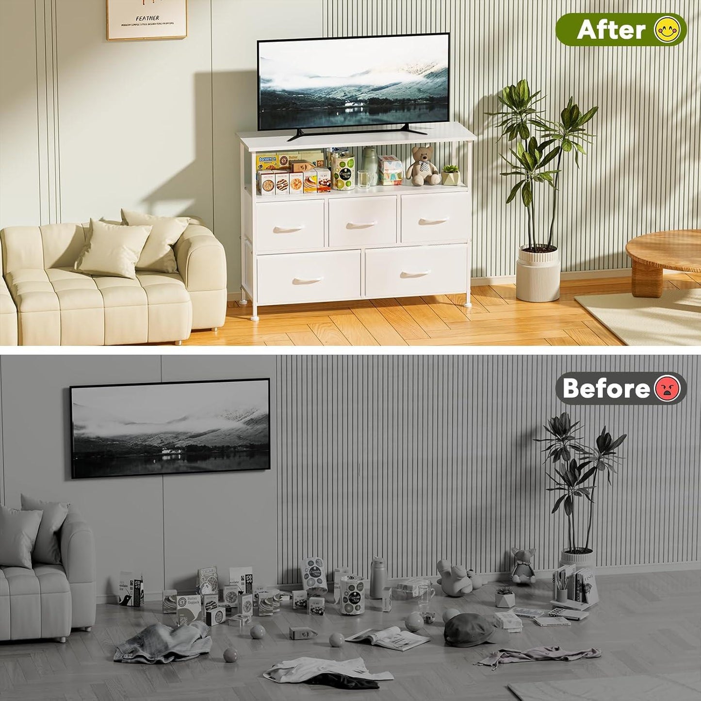 TV Stand Dresser for Bedroom Entertainment Center with 5 Fabric Drawers, Storage Organizers Units for Living Room, Media Console Table with Open Shelf up for 45" TV, White, Wood top