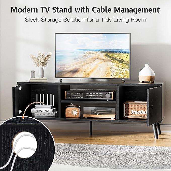 TV Stand for 55 60 inch TV, Entertainment Center with Storage Cabinet, Media Console Table 2 Cabinet, Soft Hinge, Handle Door, Wooden Living Room, Office Furniture, Black