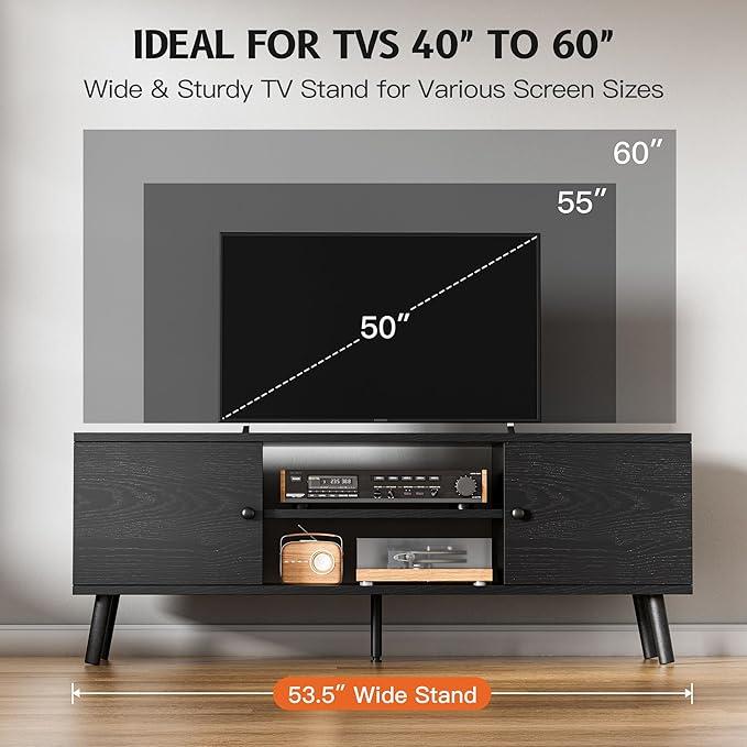 TV Stand for 55 60 inch TV, Entertainment Center with Storage Cabinet, Media Console Table 2 Cabinet, Soft Hinge, Handle Door, Wooden Living Room, Office Furniture, Black