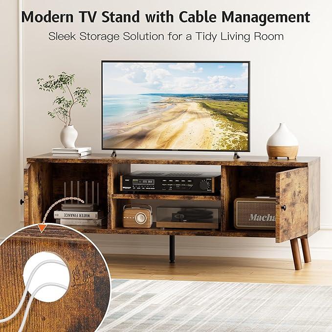 TV Stand for 55 60 inch TV, Entertainment Center with Storage Cabinet, Media Console Table 2 Cabinet, Soft Hinge, Handle Door, Wooden Living Room, Office Furniture, Brown