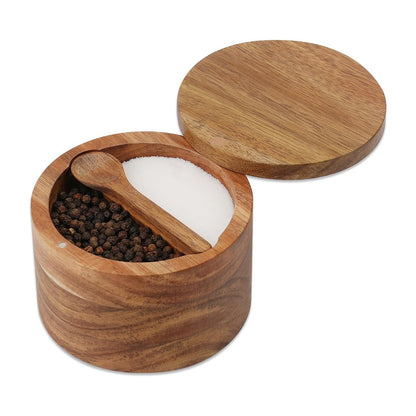 KITCHENDAO Acacia Wood Salt and Pepper Bowl with Magnetic Swivel Lid and Spoon, Dual 5OZ Capacity
